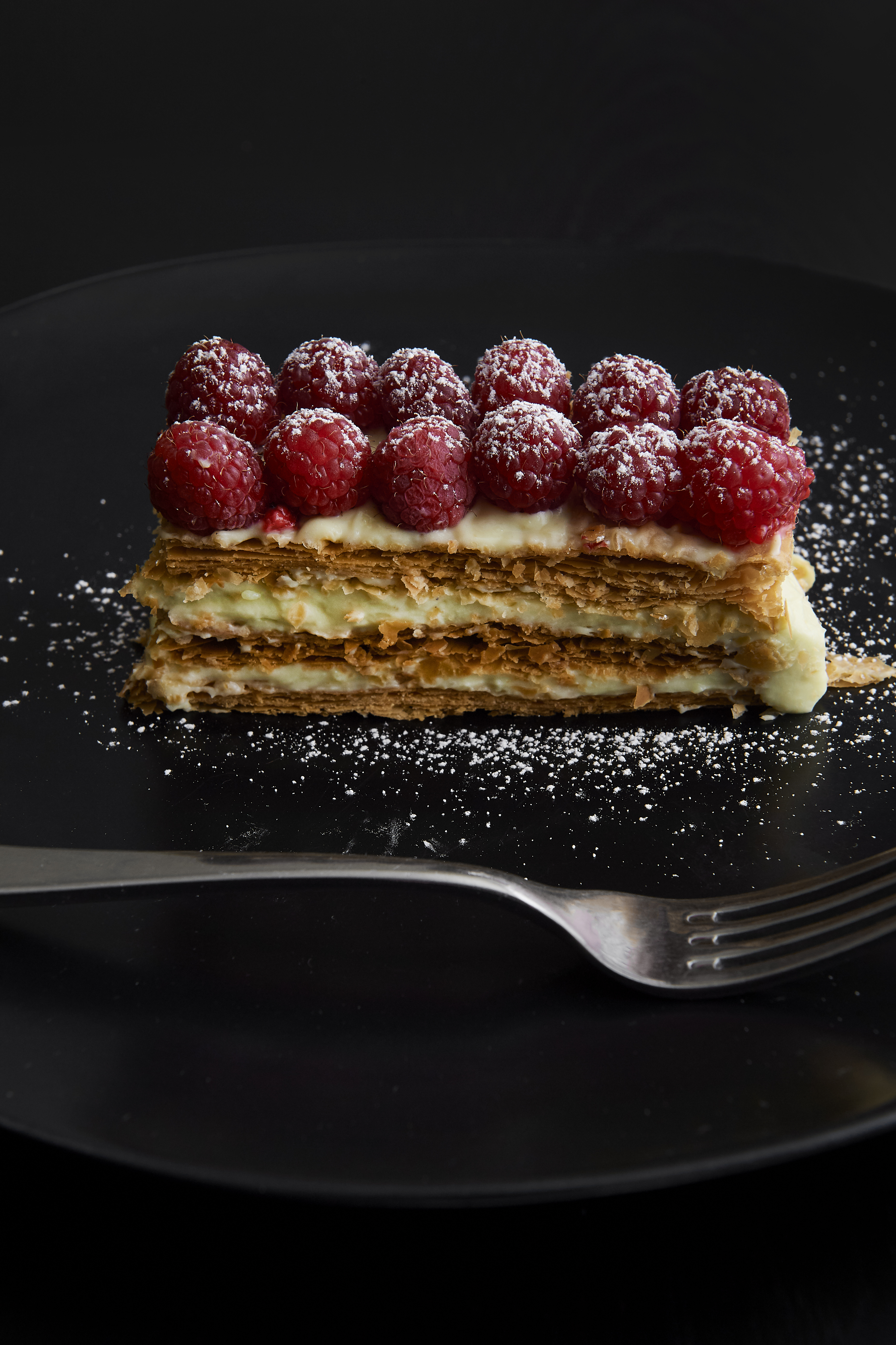 Pistachio and raspberry mille-feuille