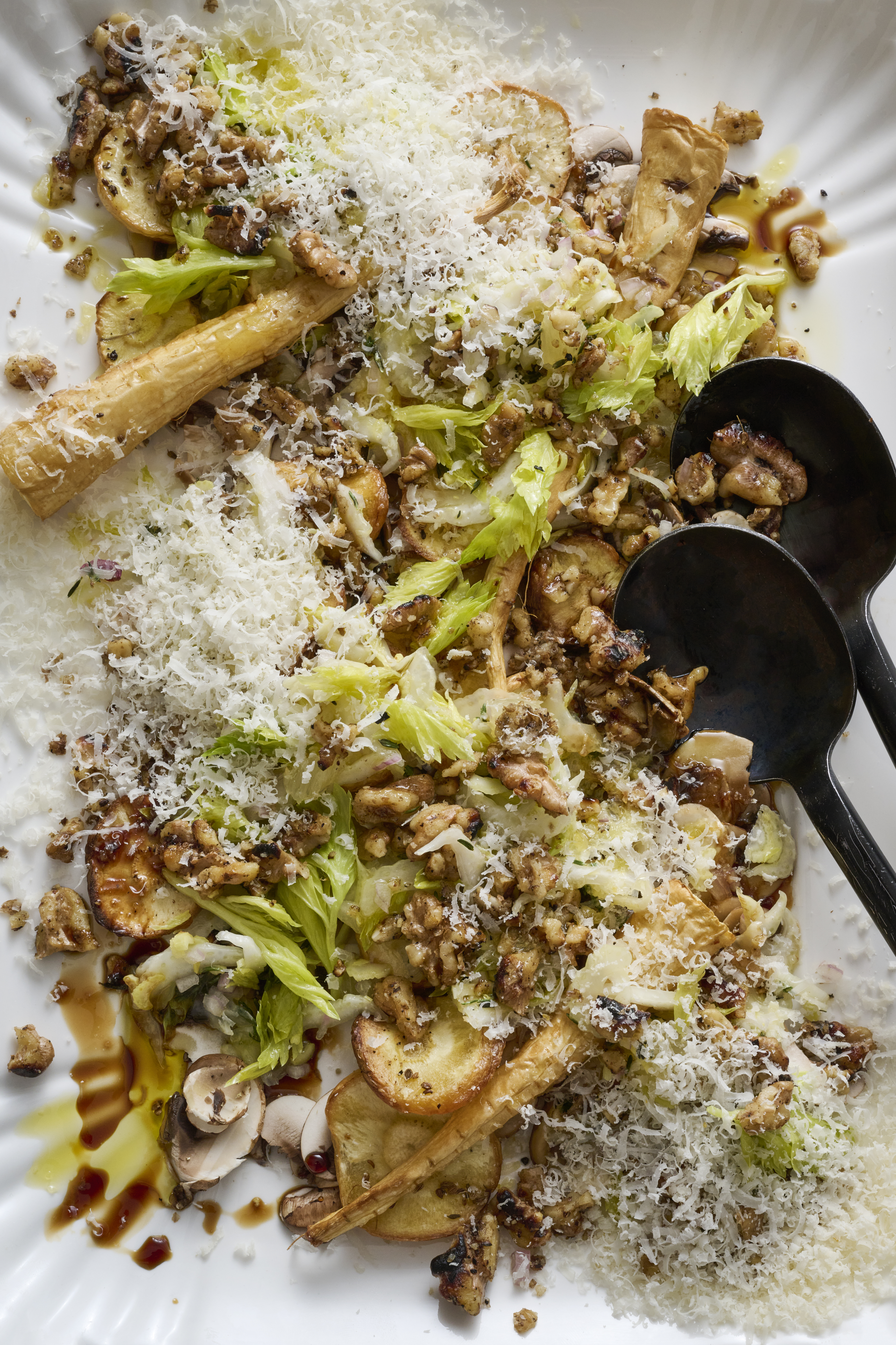 Fungi salad with celery, walnuts  and parsnip