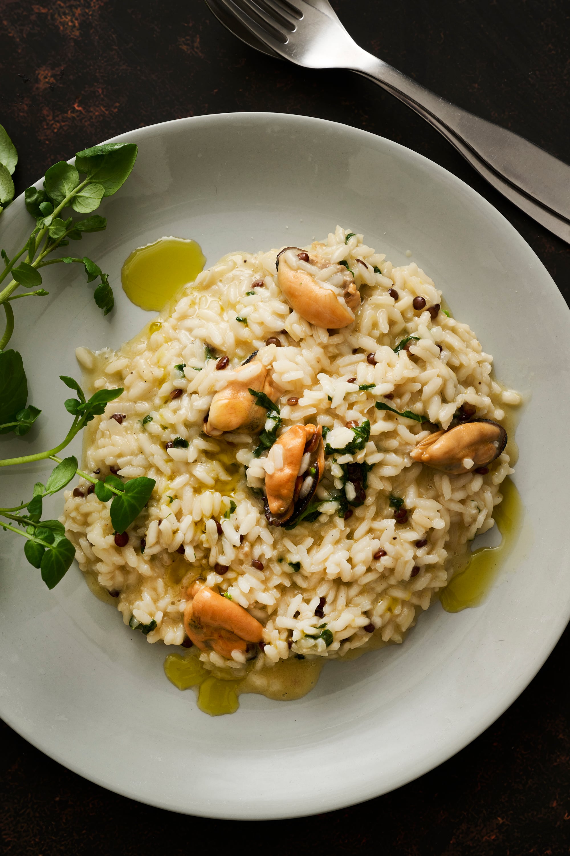 Mussel and beluga lentil risotto