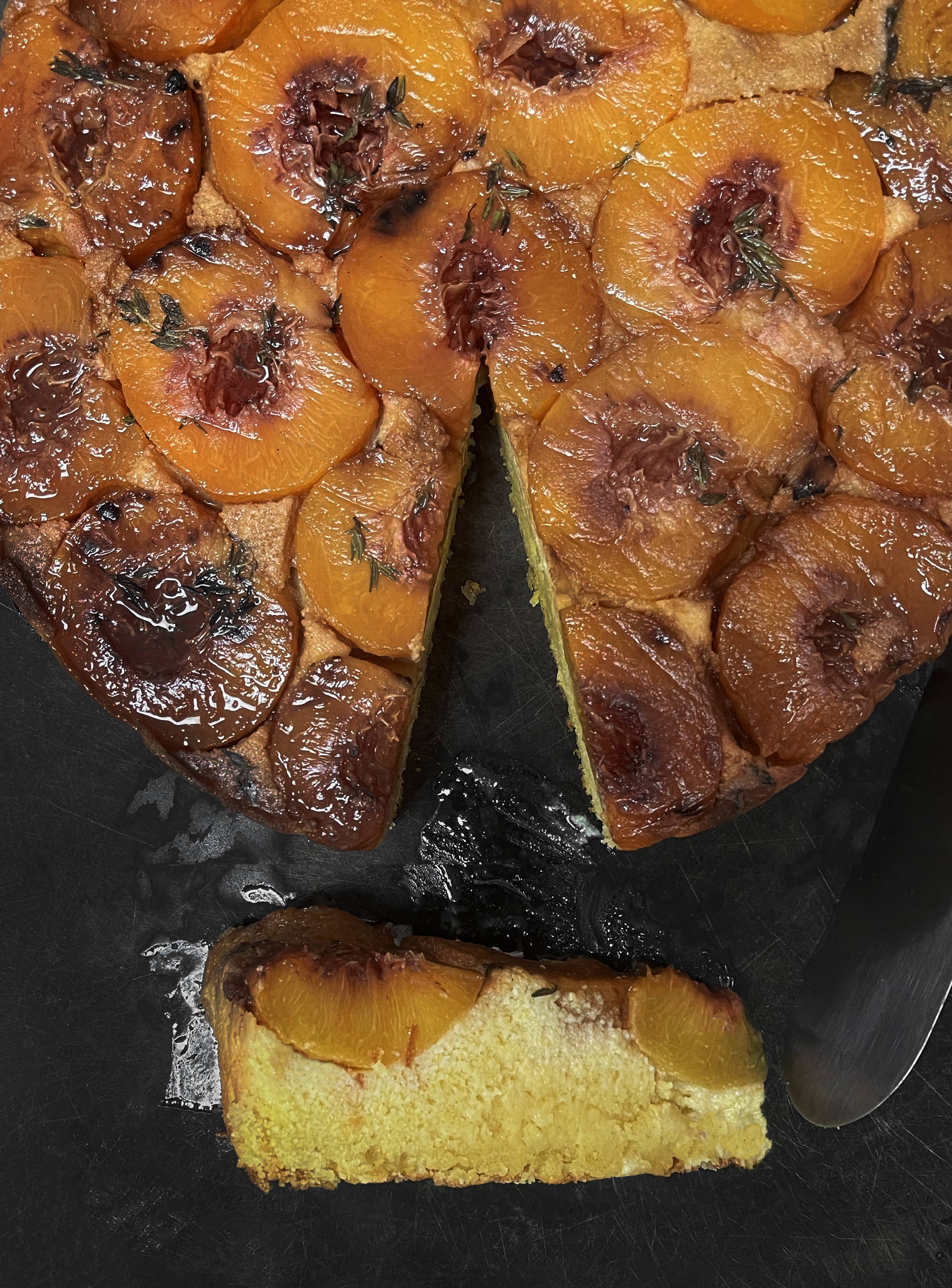 Upside-down peach, almond and polenta cake