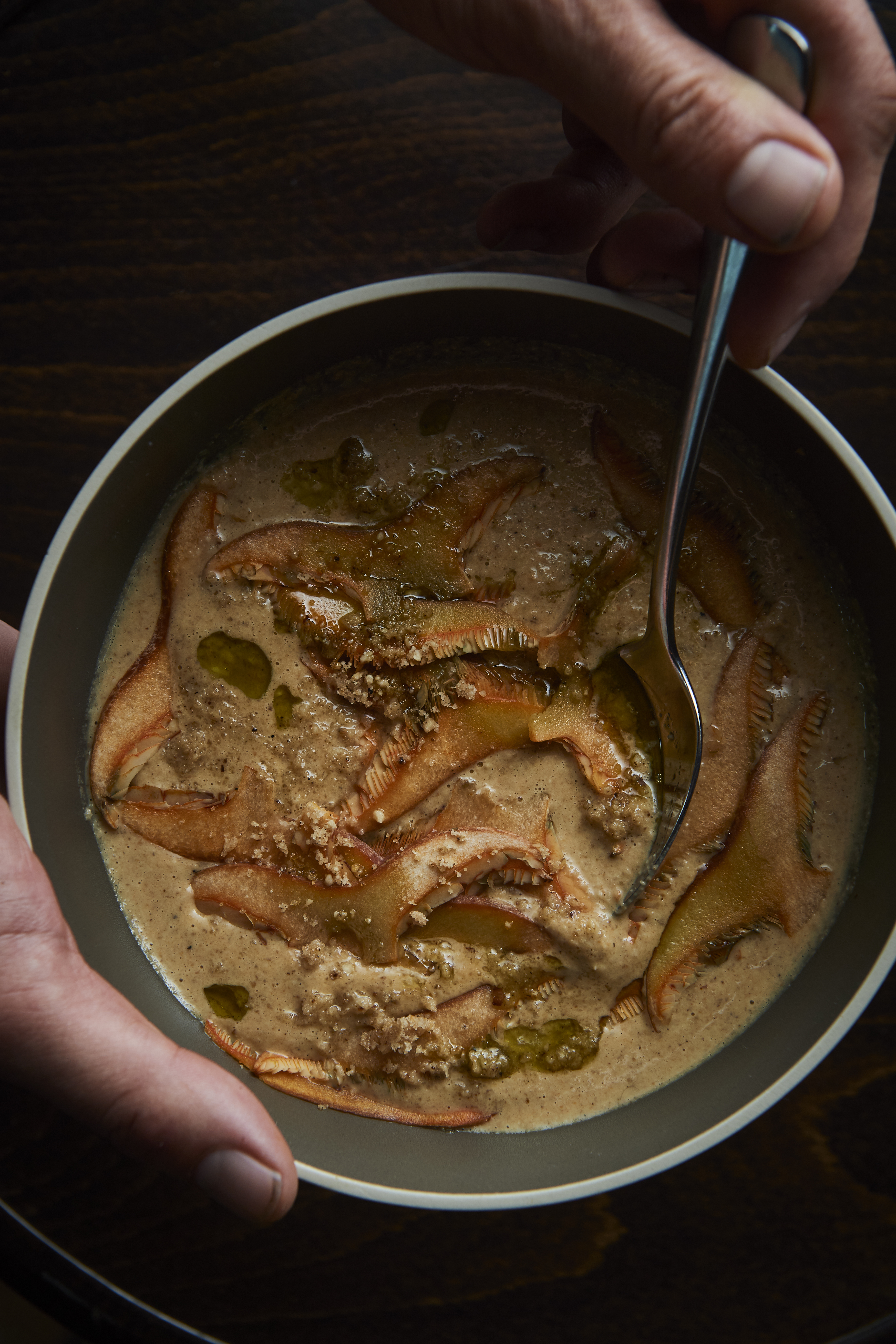 Pine mushroom and hazelnut soup