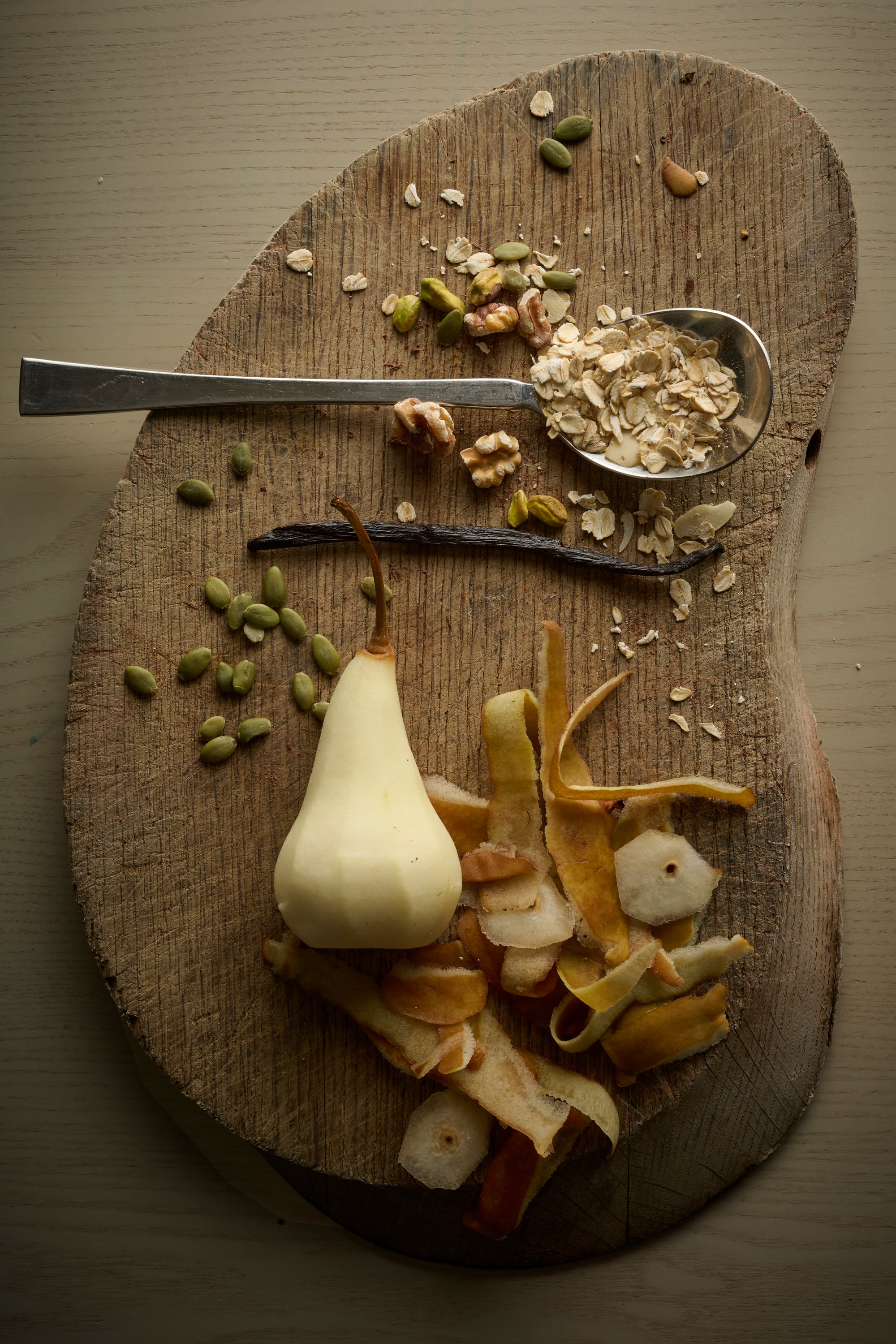 Tahini and maple syrup roasted granola with poached pears and vanilla yoghurt