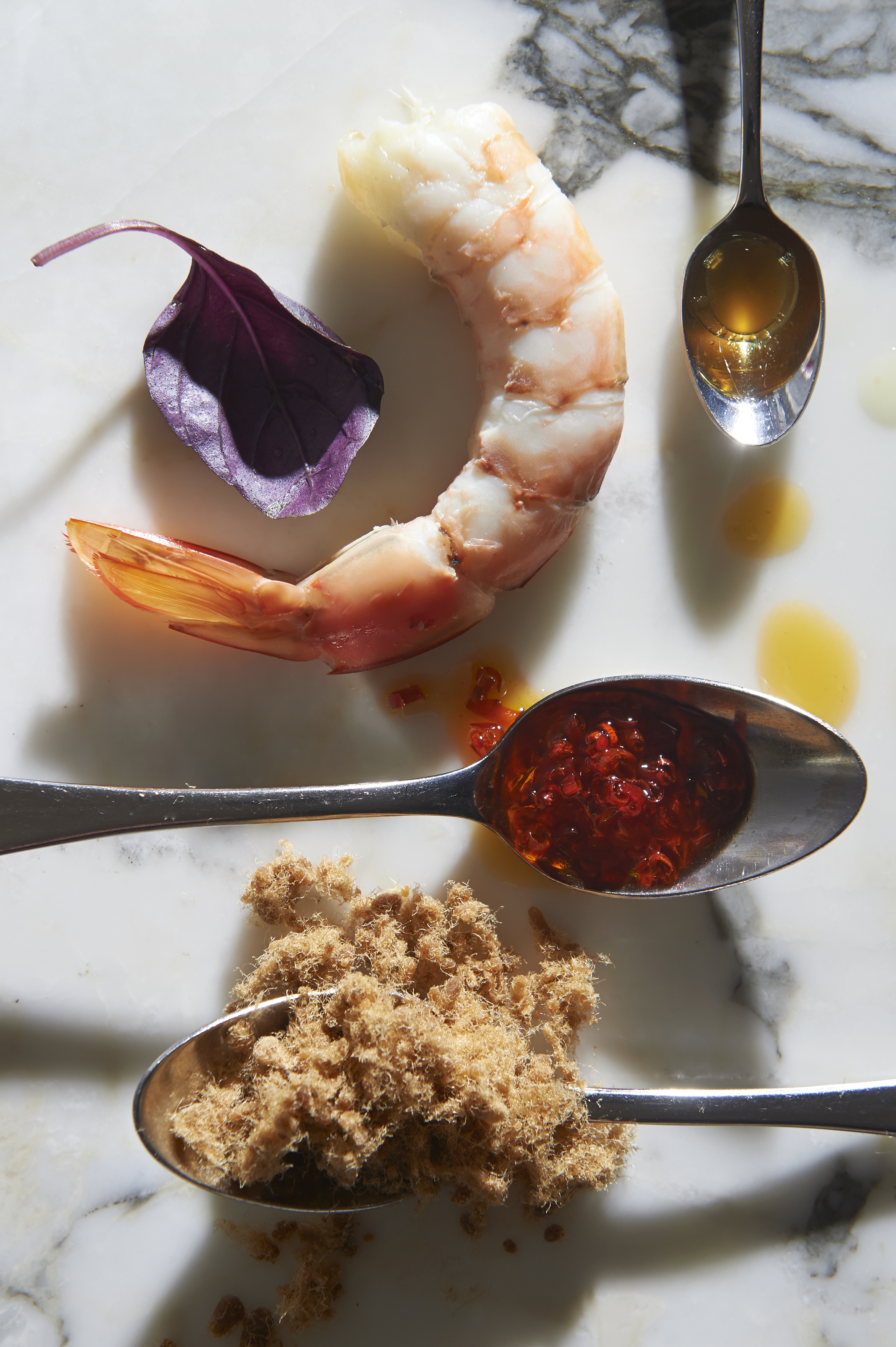 Tomato, prawn, pork floss, burnt chilli and basil salad