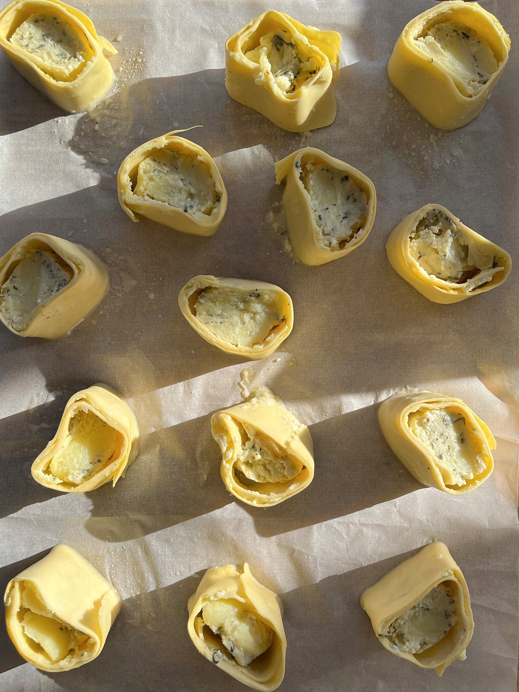 Potato and garlic rotolo with anchovy sauce