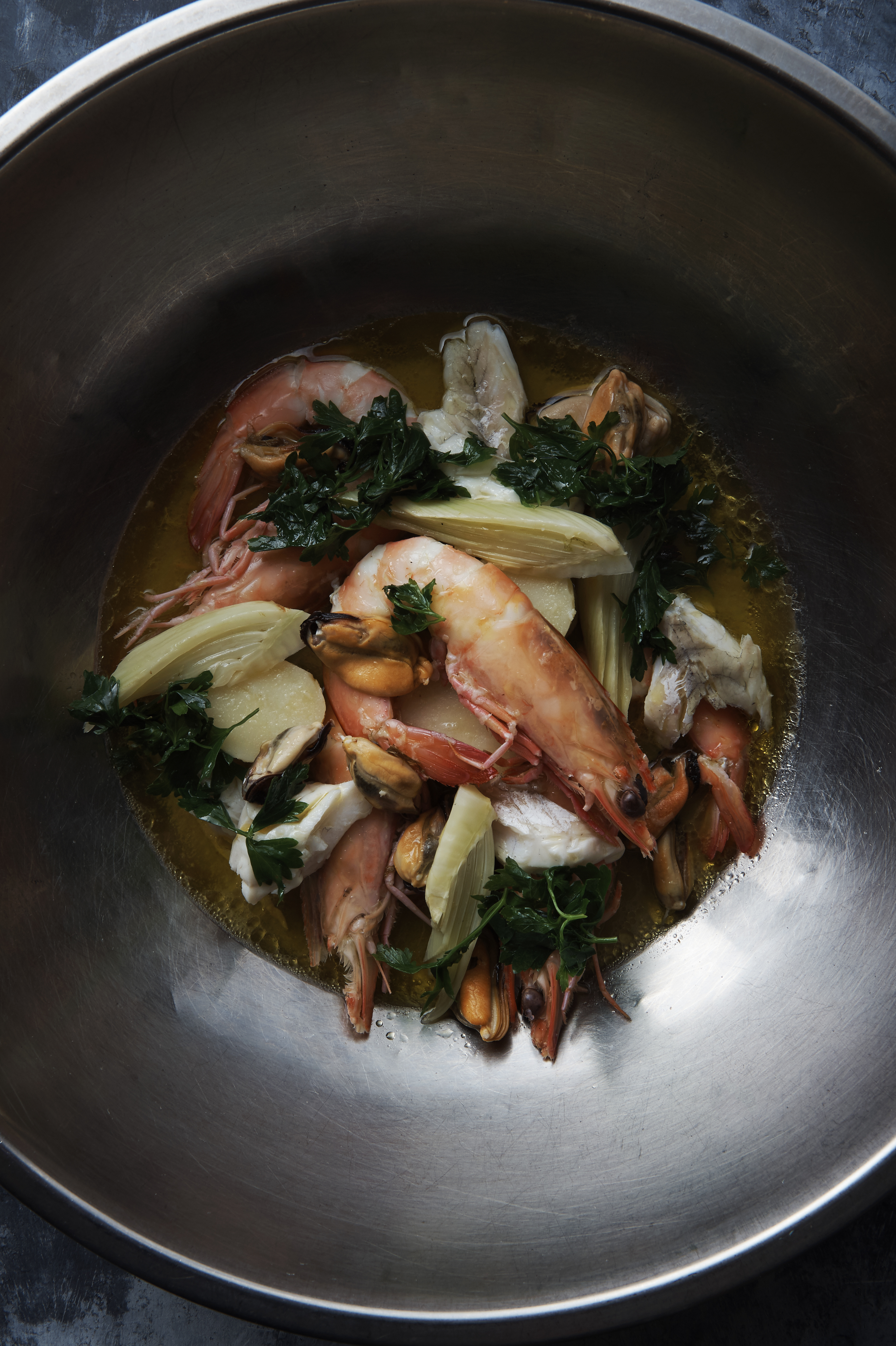 Seafood salad with potatoes and fennel