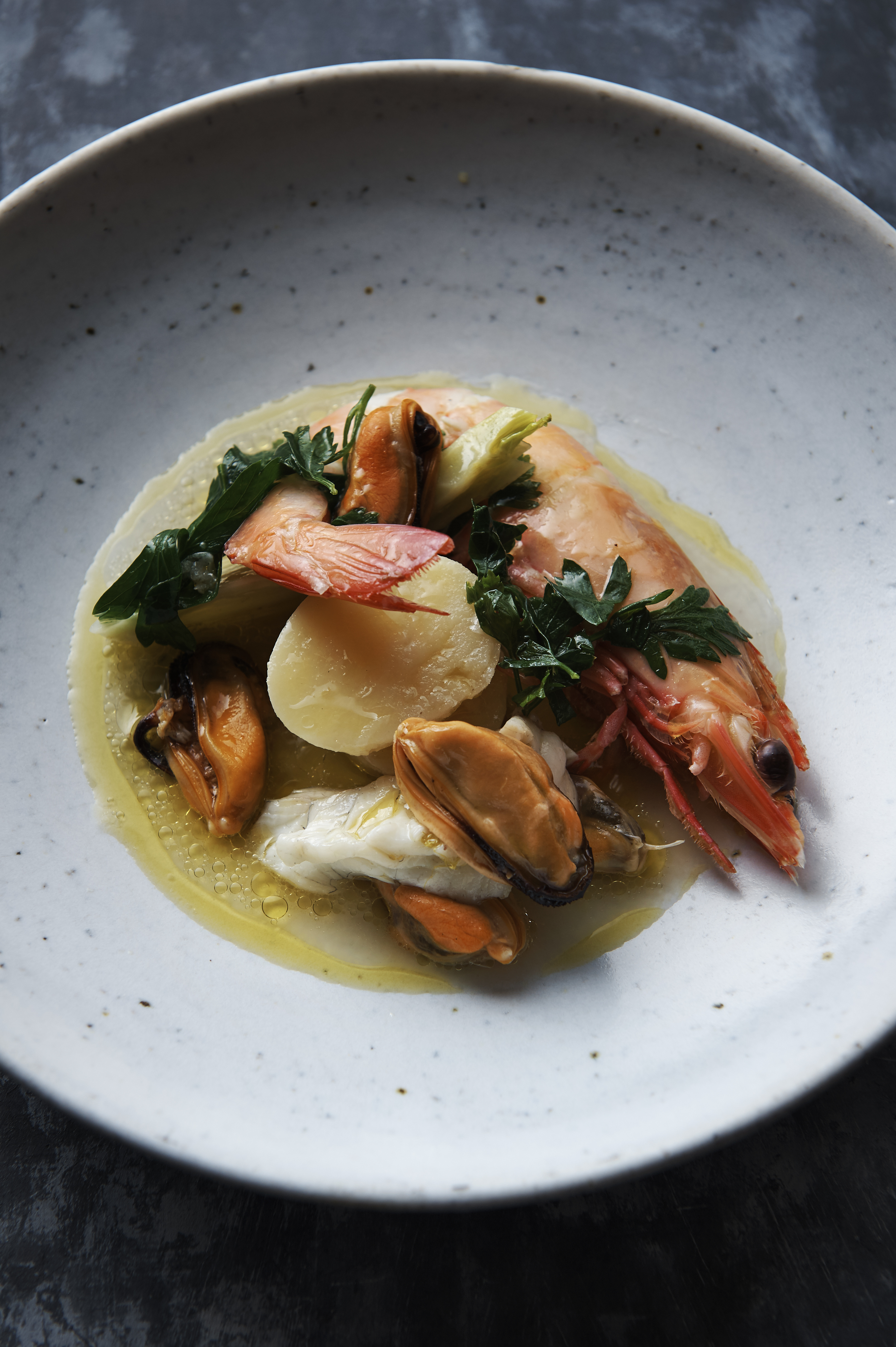 Seafood salad with potatoes and fennel