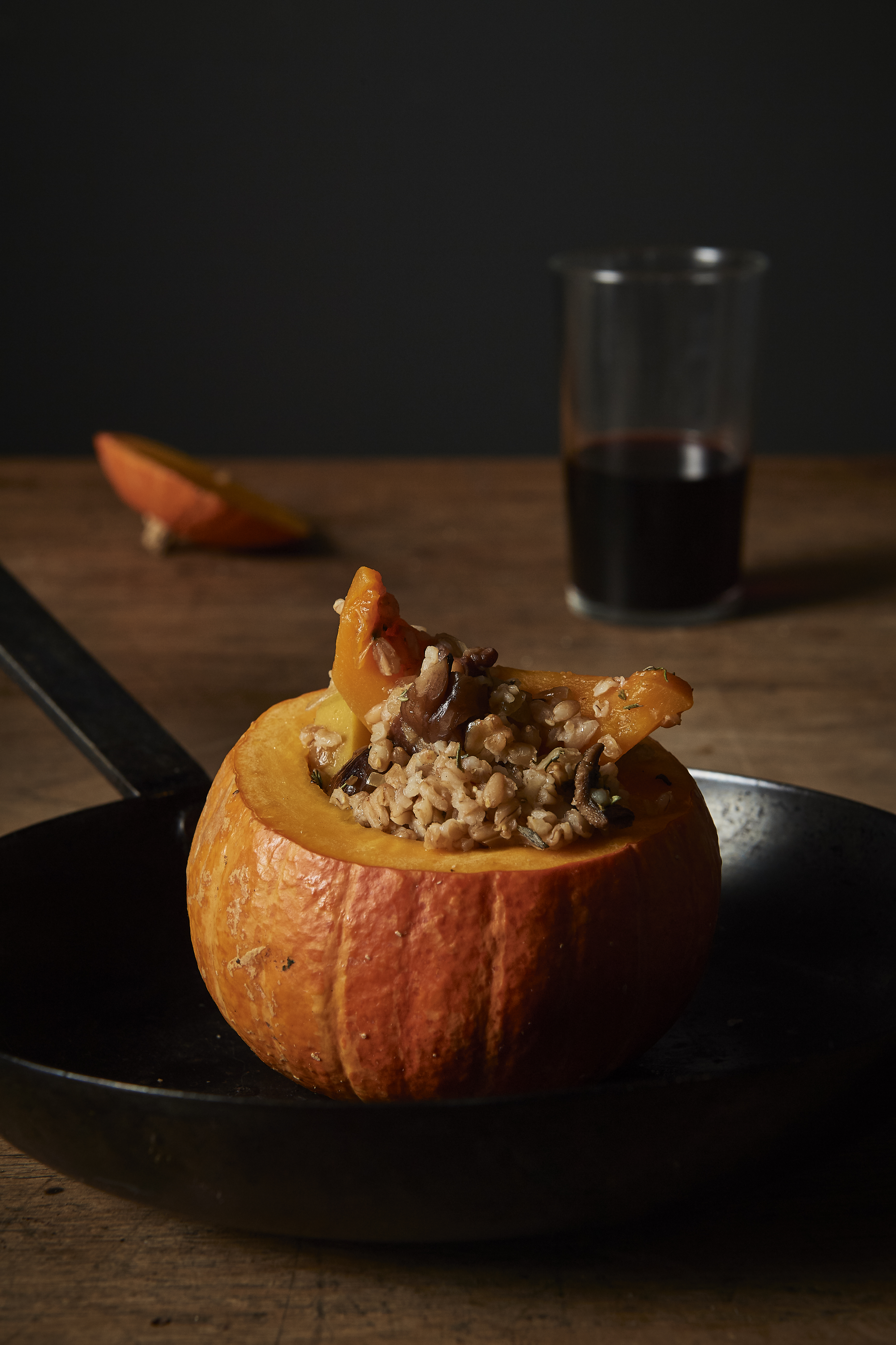 Pumpkin stuffed with farro, chestnut and mushrooms