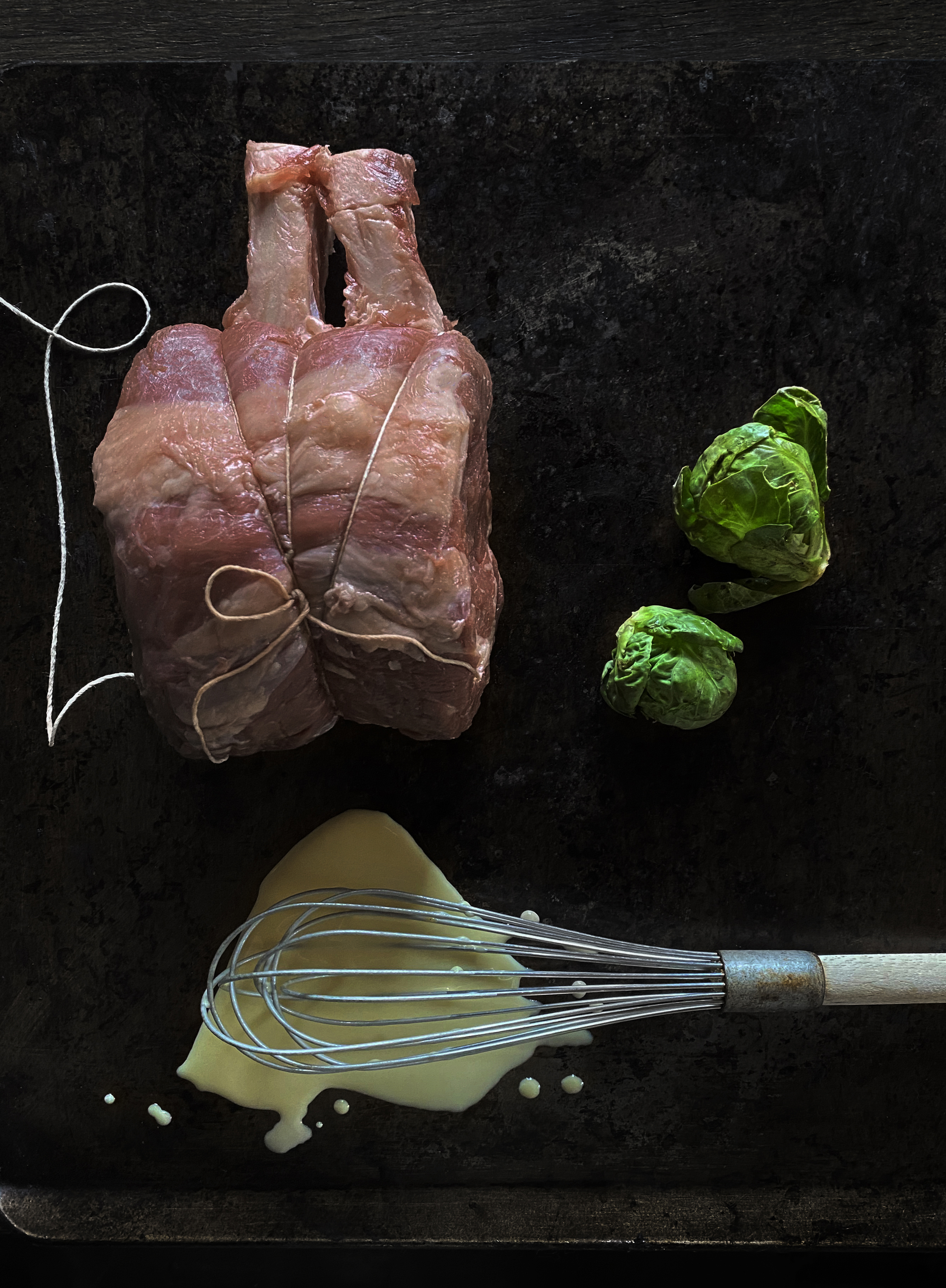 Standing rib roast with potatoes, brussels sprouts and Yorkshire pudding