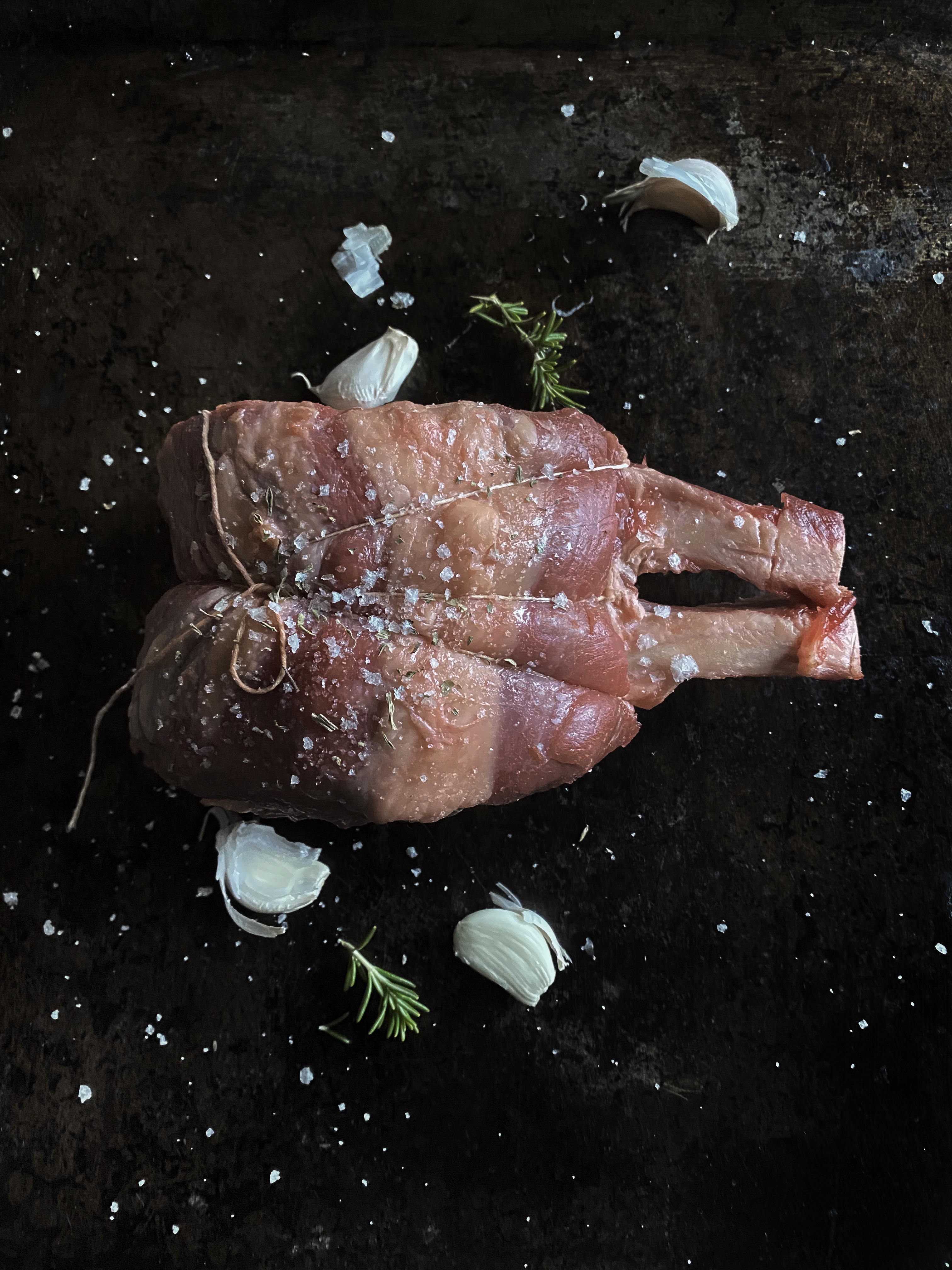Standing rib roast with potatoes, brussels sprouts and Yorkshire pudding