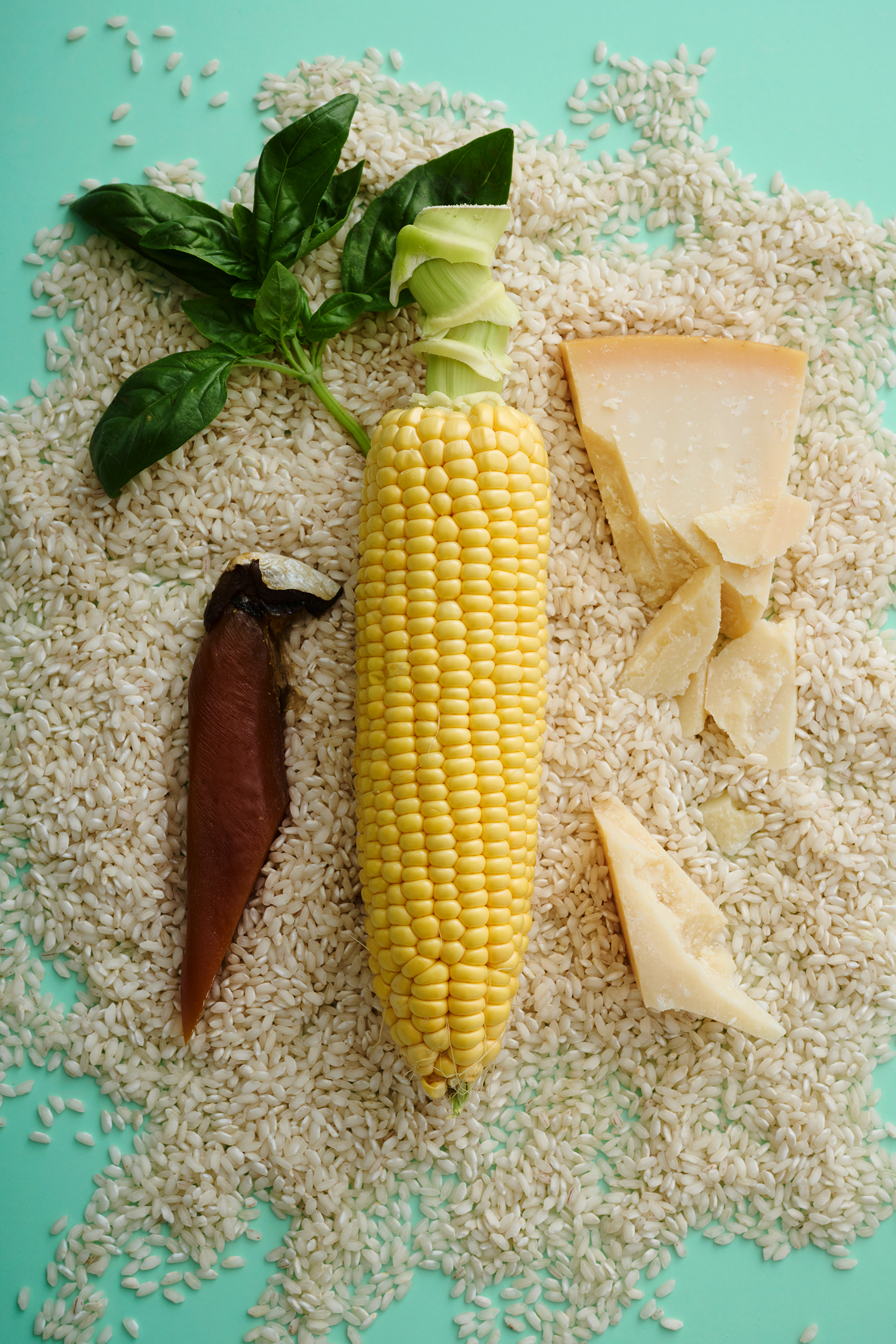 Corn, mushroom, cheese over a bed of rice