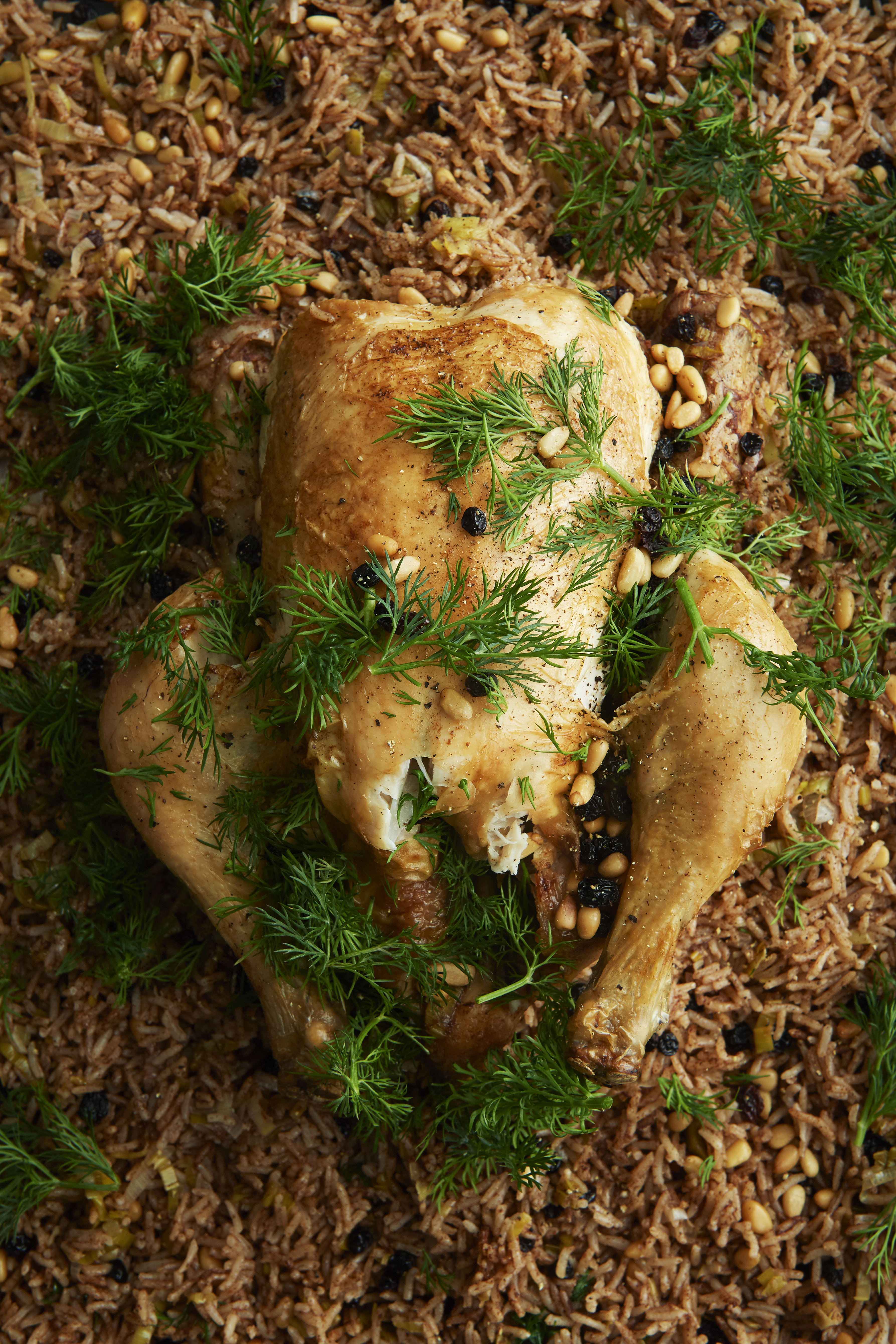 Whole roast chicken with spiced pilaf 