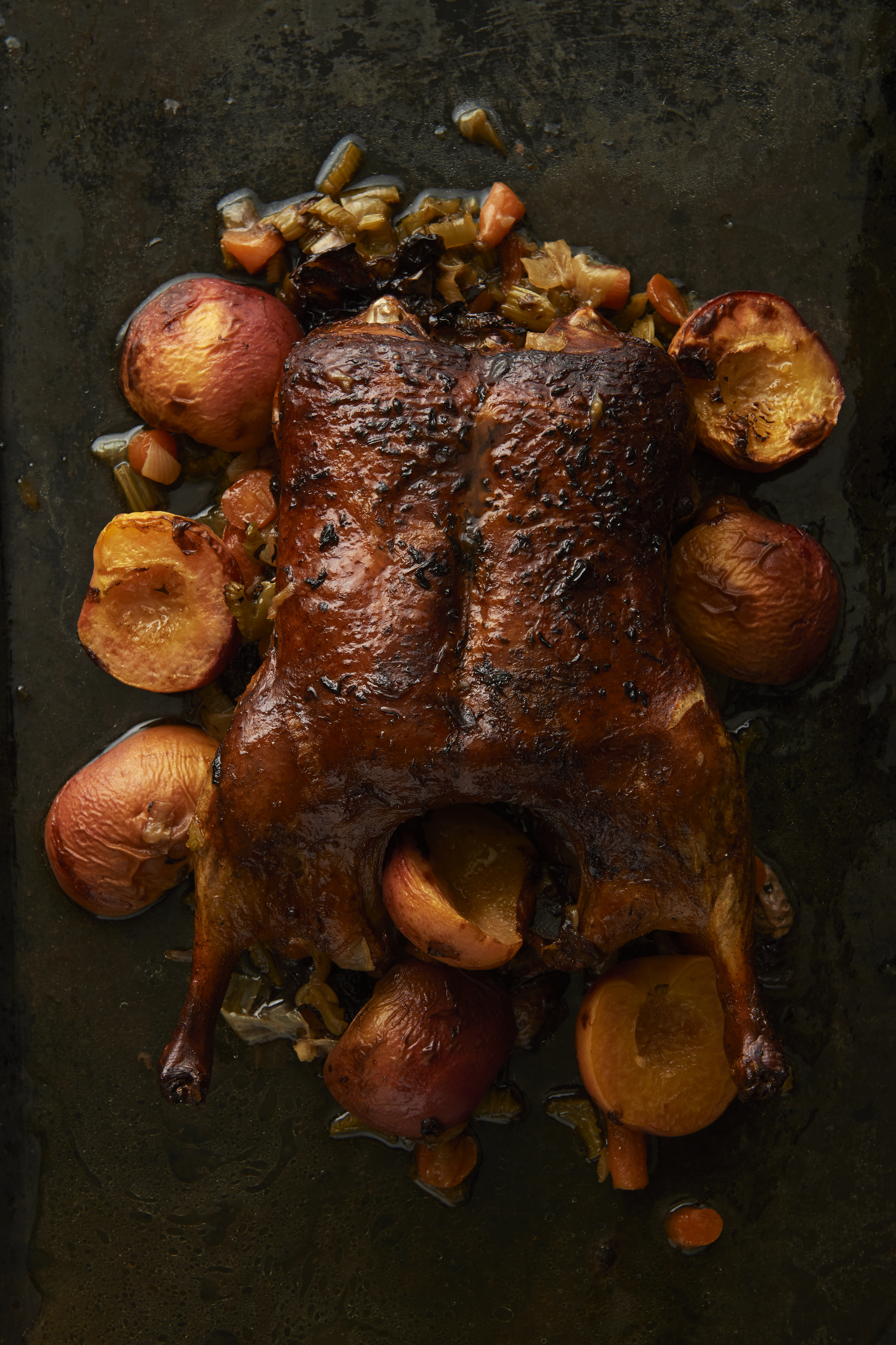 Roast duck with peaches