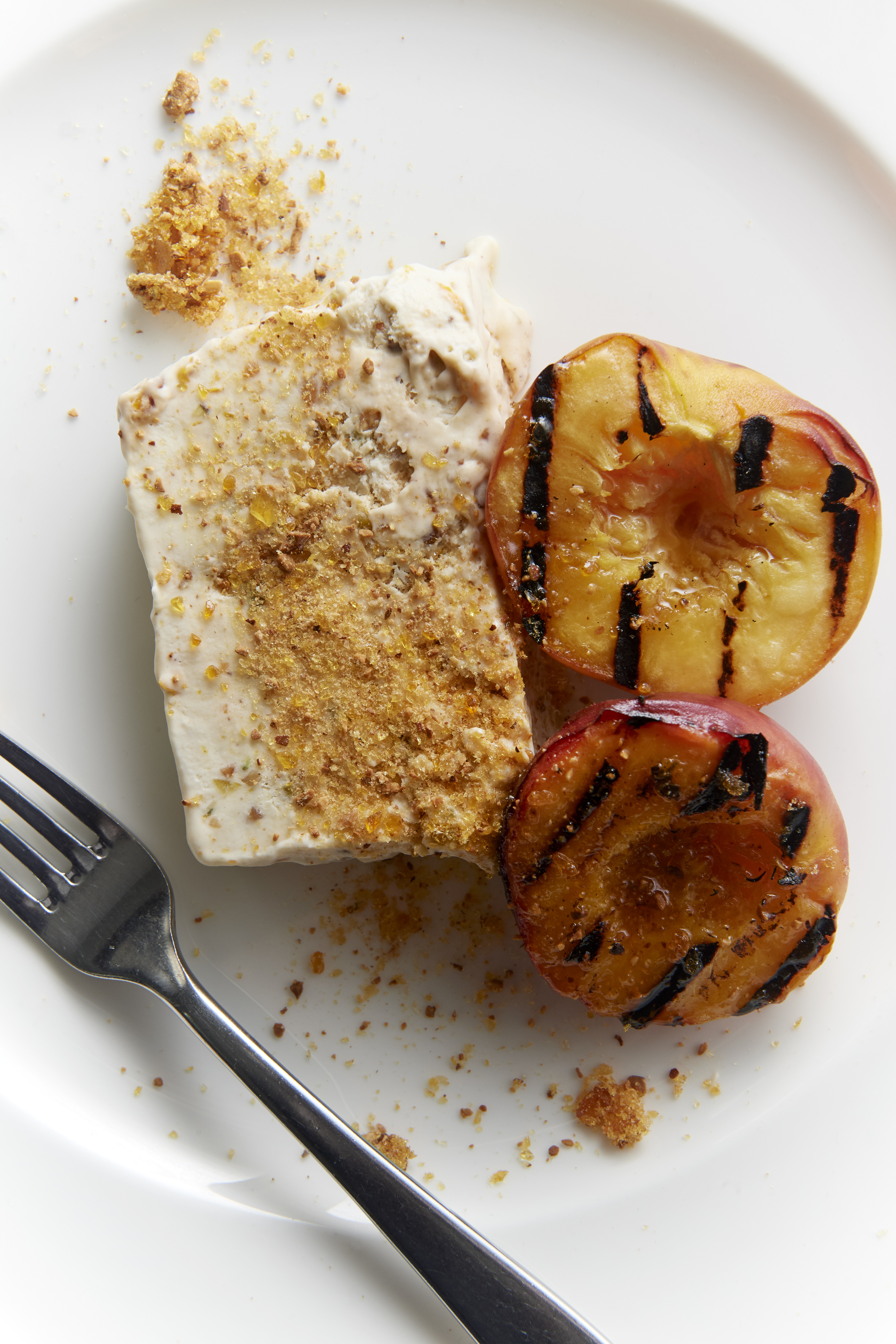 Nougat parfait with praline and grilled peaches