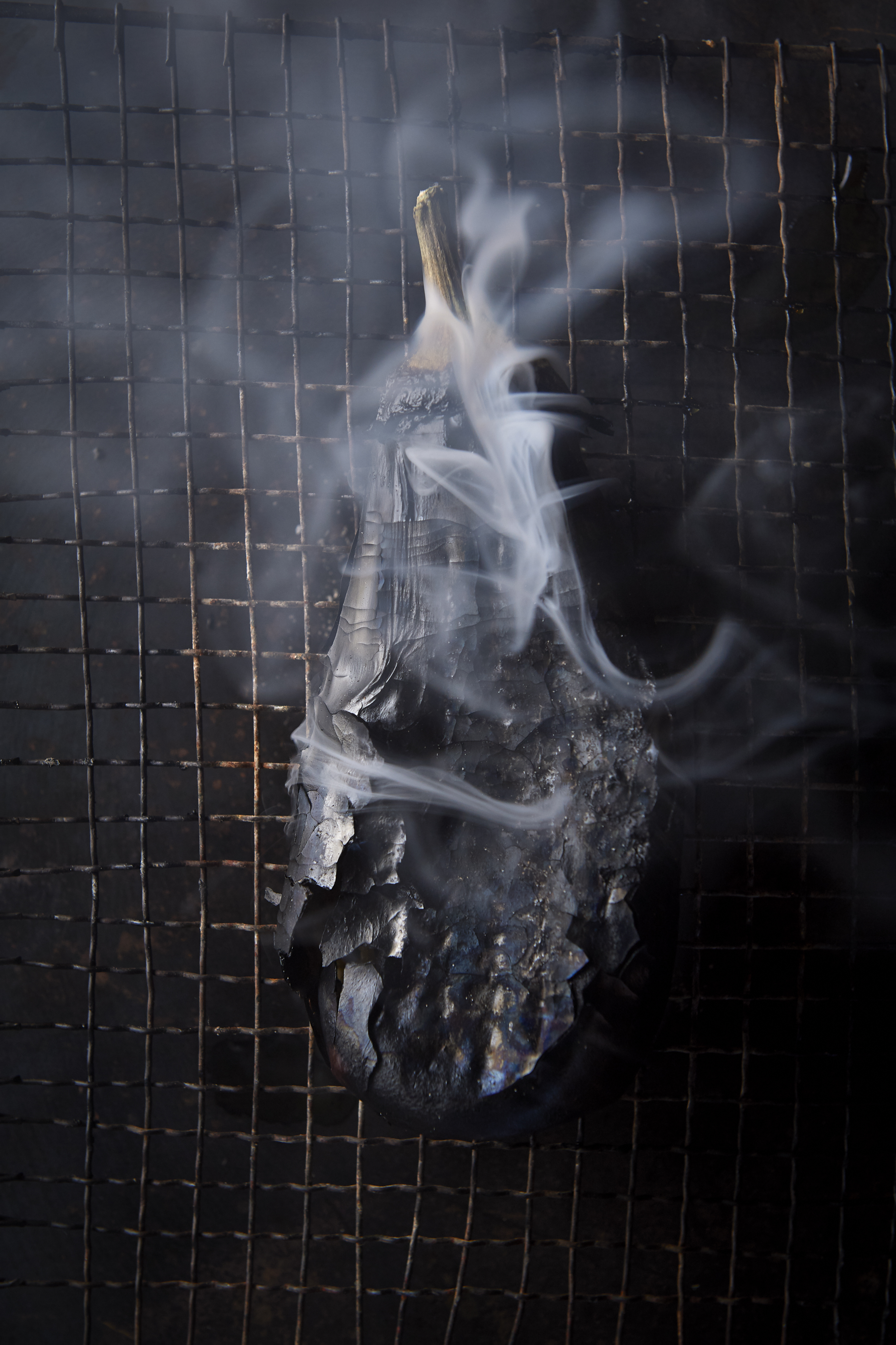 Smoked eggplant with salted cheese and mint