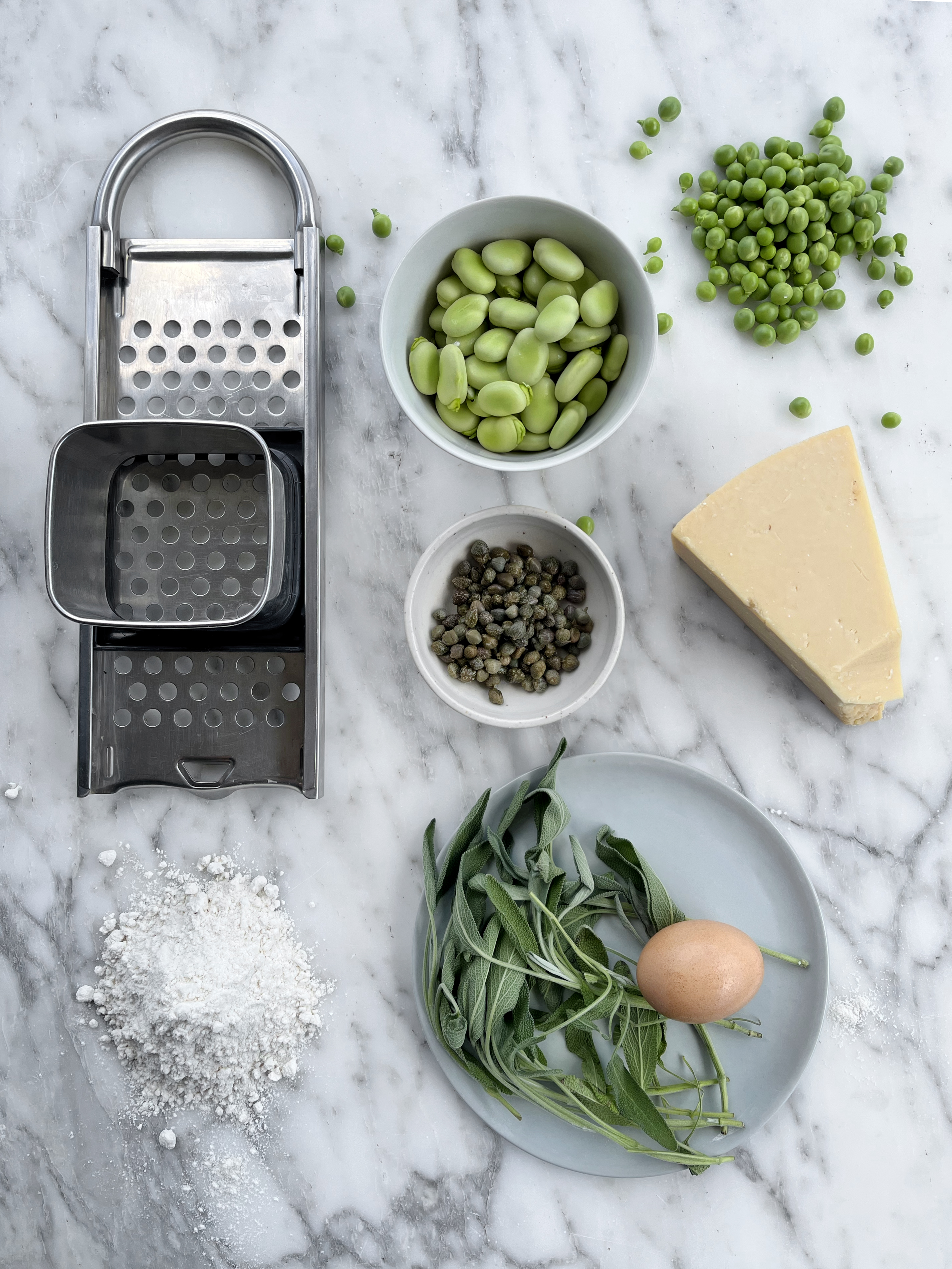 Spring sourdough spaetzle with peas and things