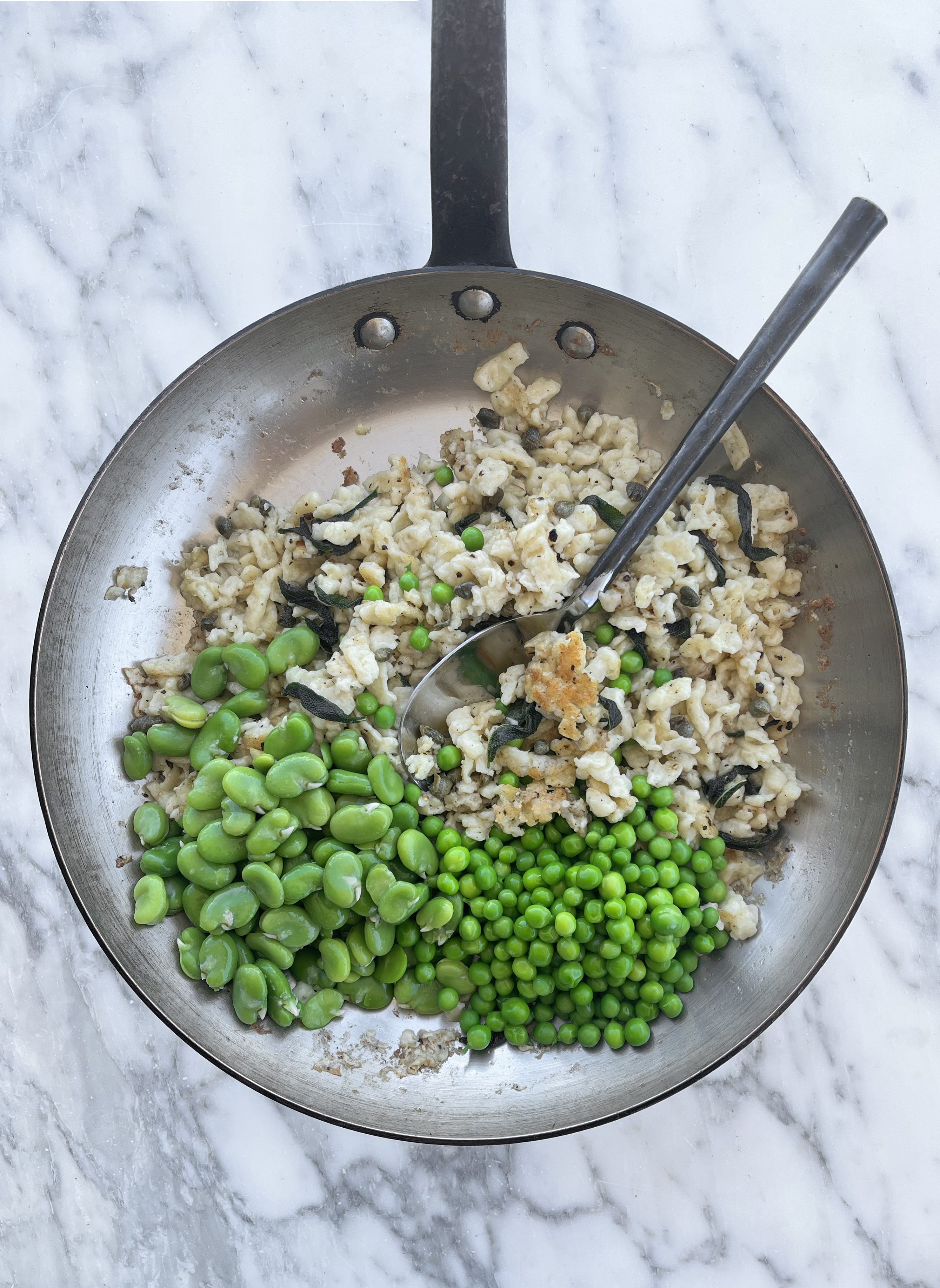 Spring sourdough spaetzle with peas and things
