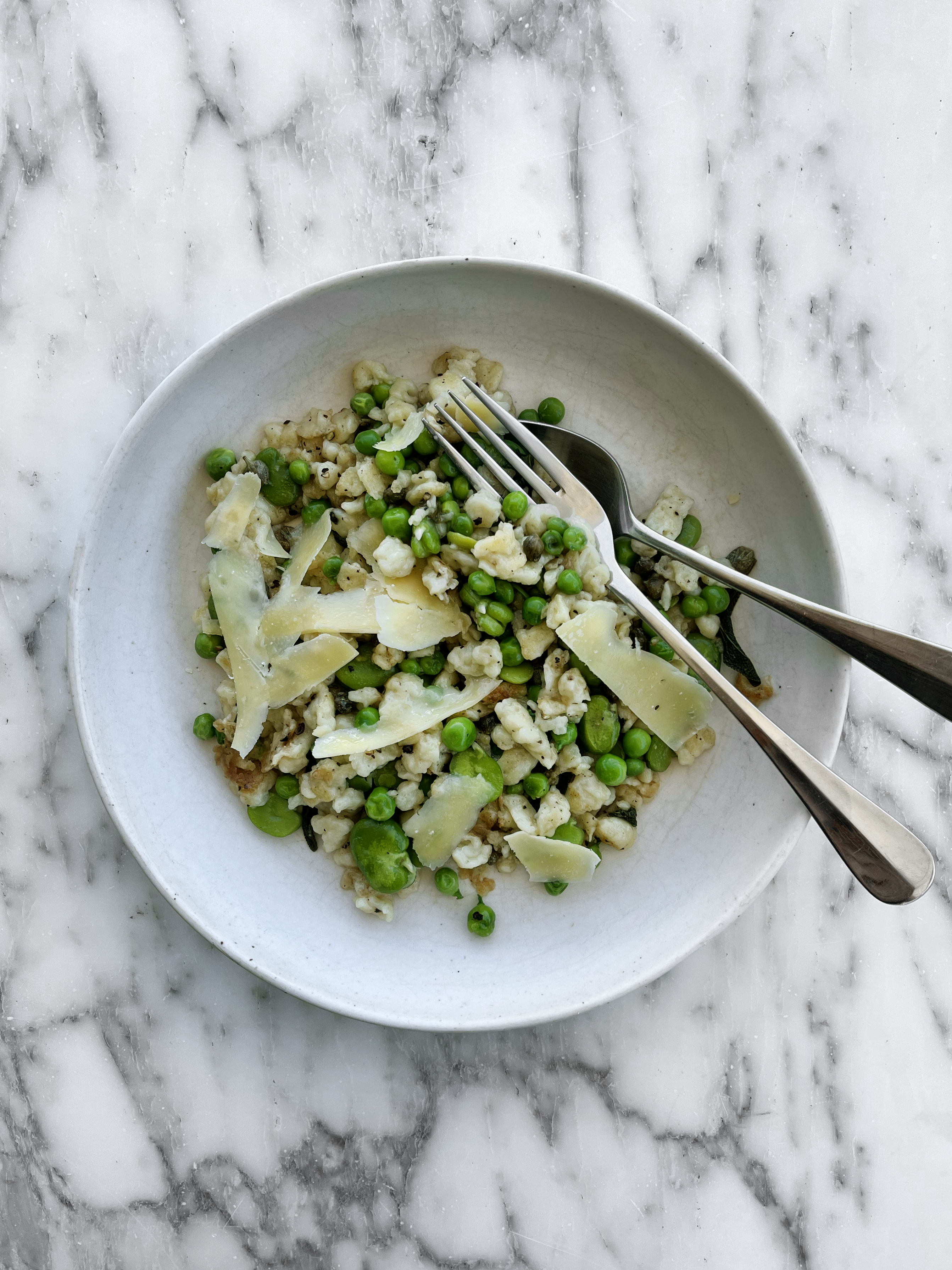 Spring sourdough spaetzle with peas and things