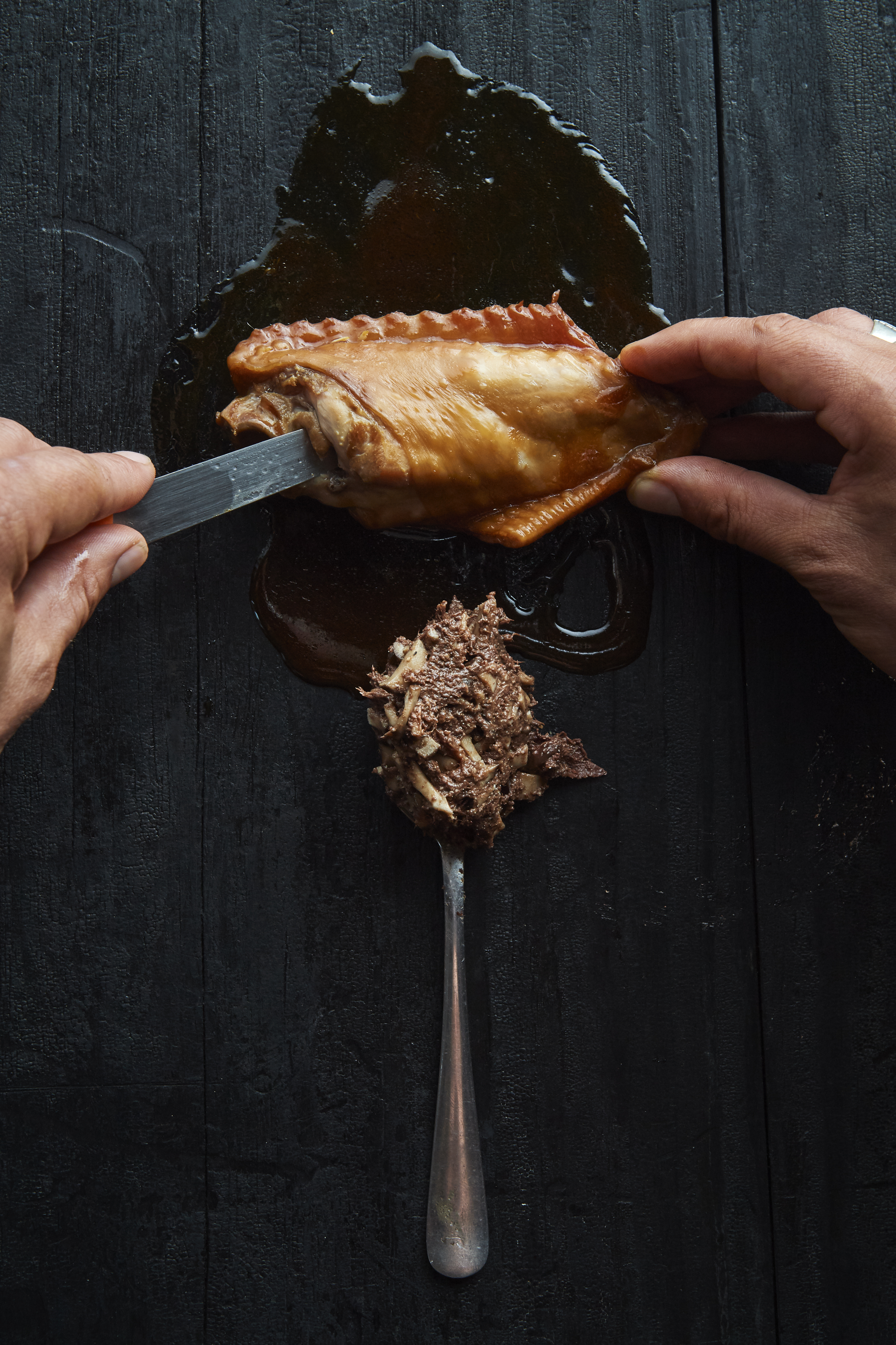Twice-cooked turkey wings with black pudding and shiitake mushrooms