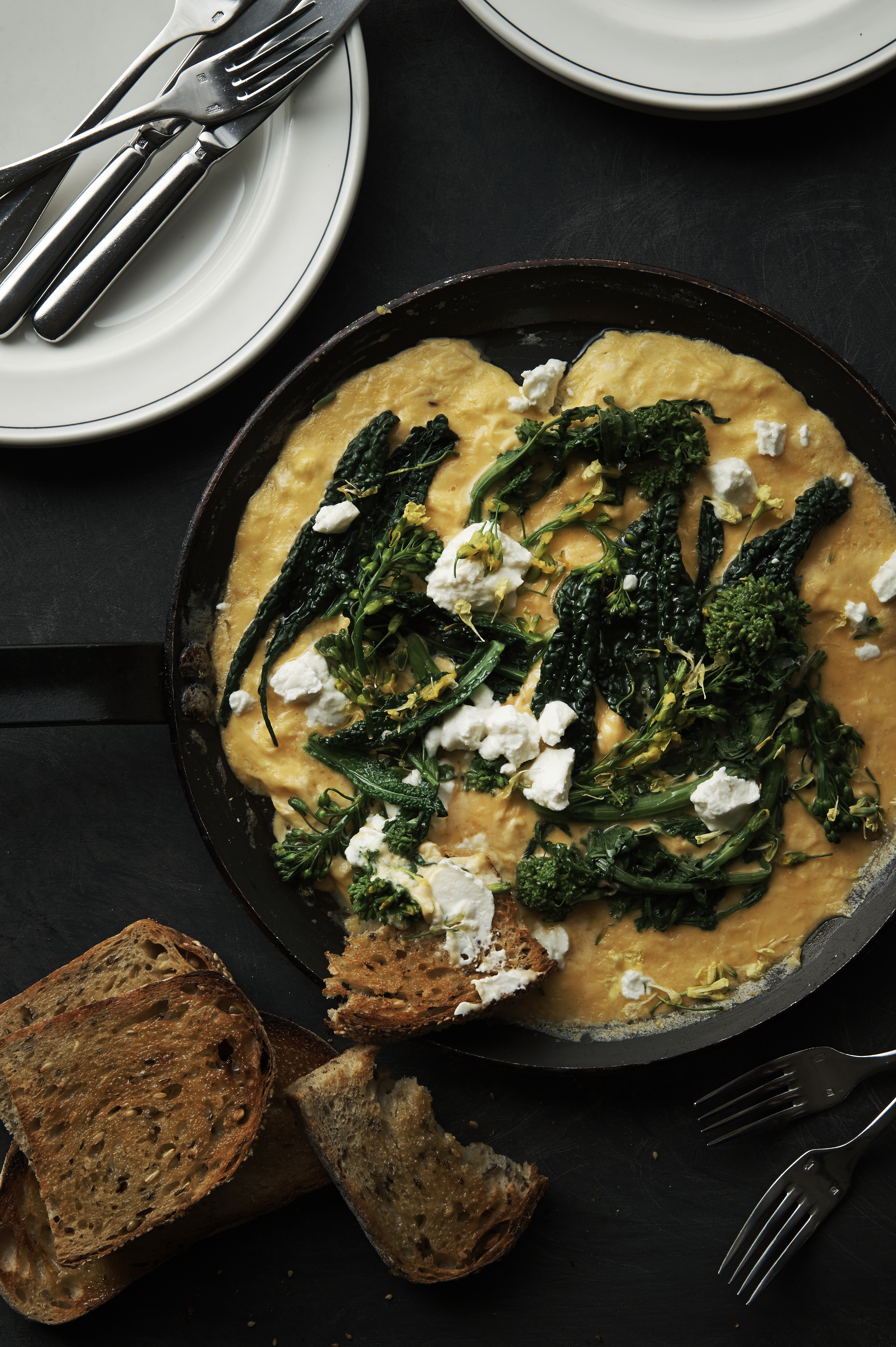 Omelette of spring greens and goat’s cheese
