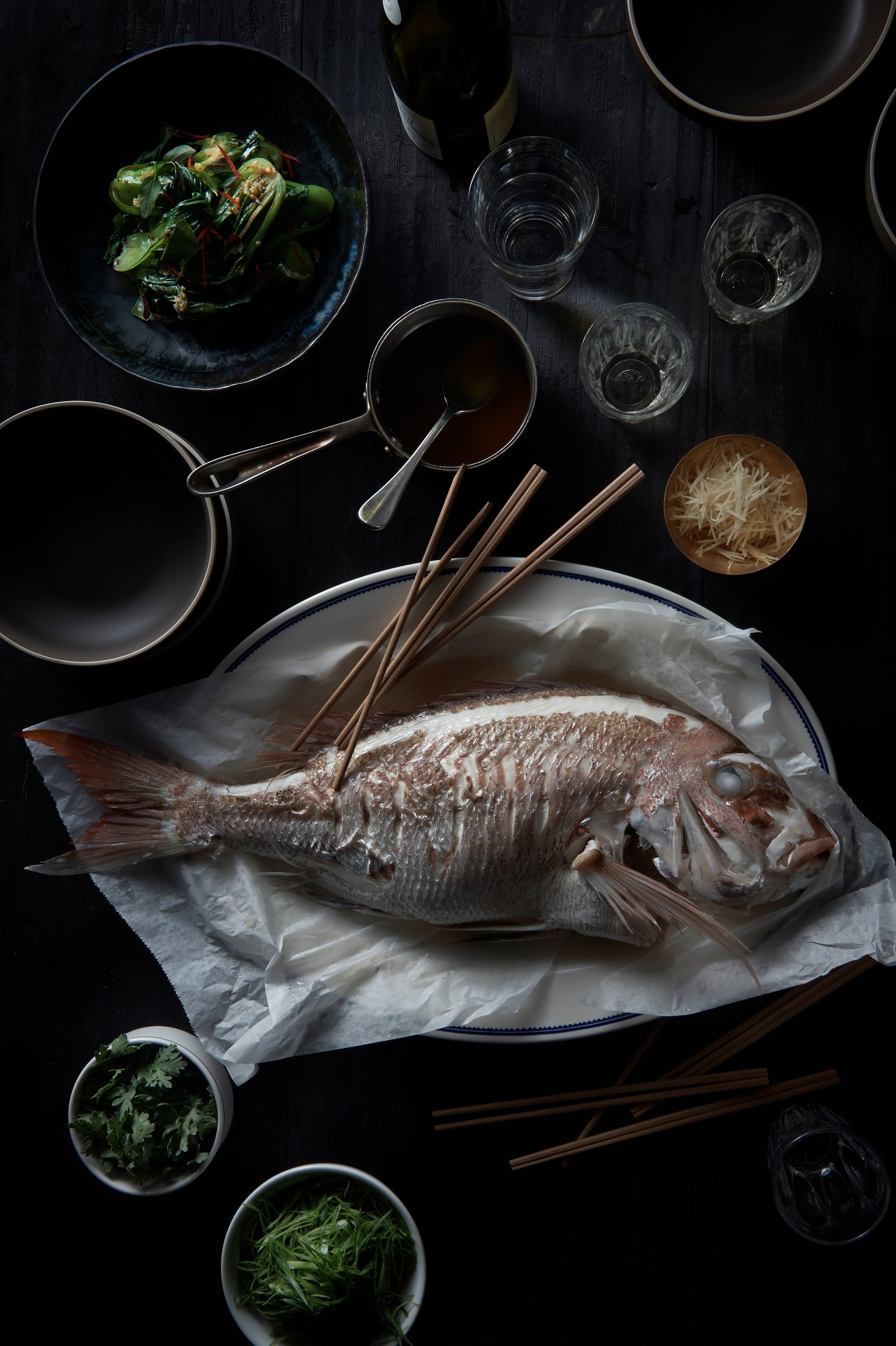 Cantonese-style steamed fish with bok choy