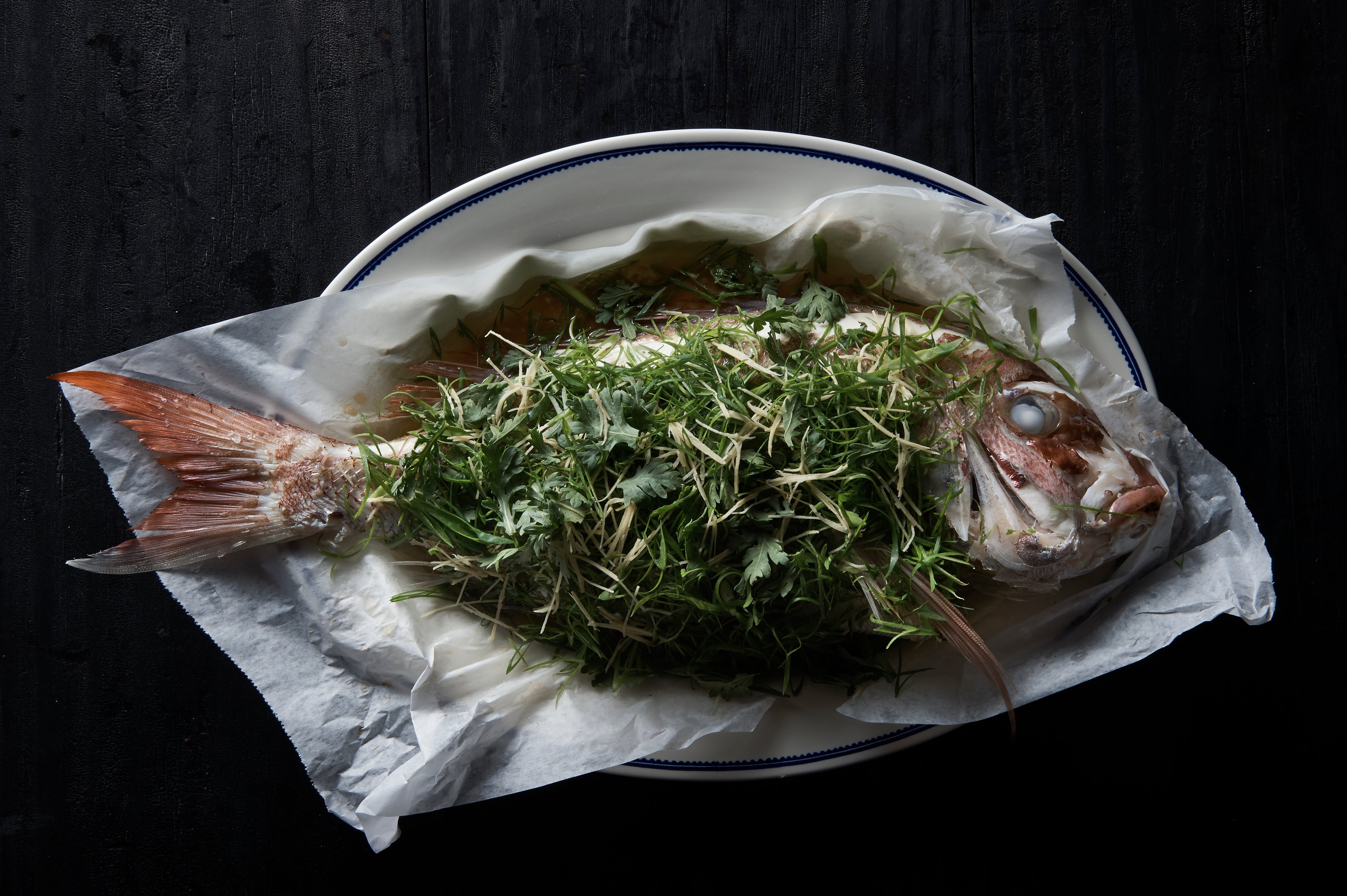 Cantonese-style steamed fish with bok choy