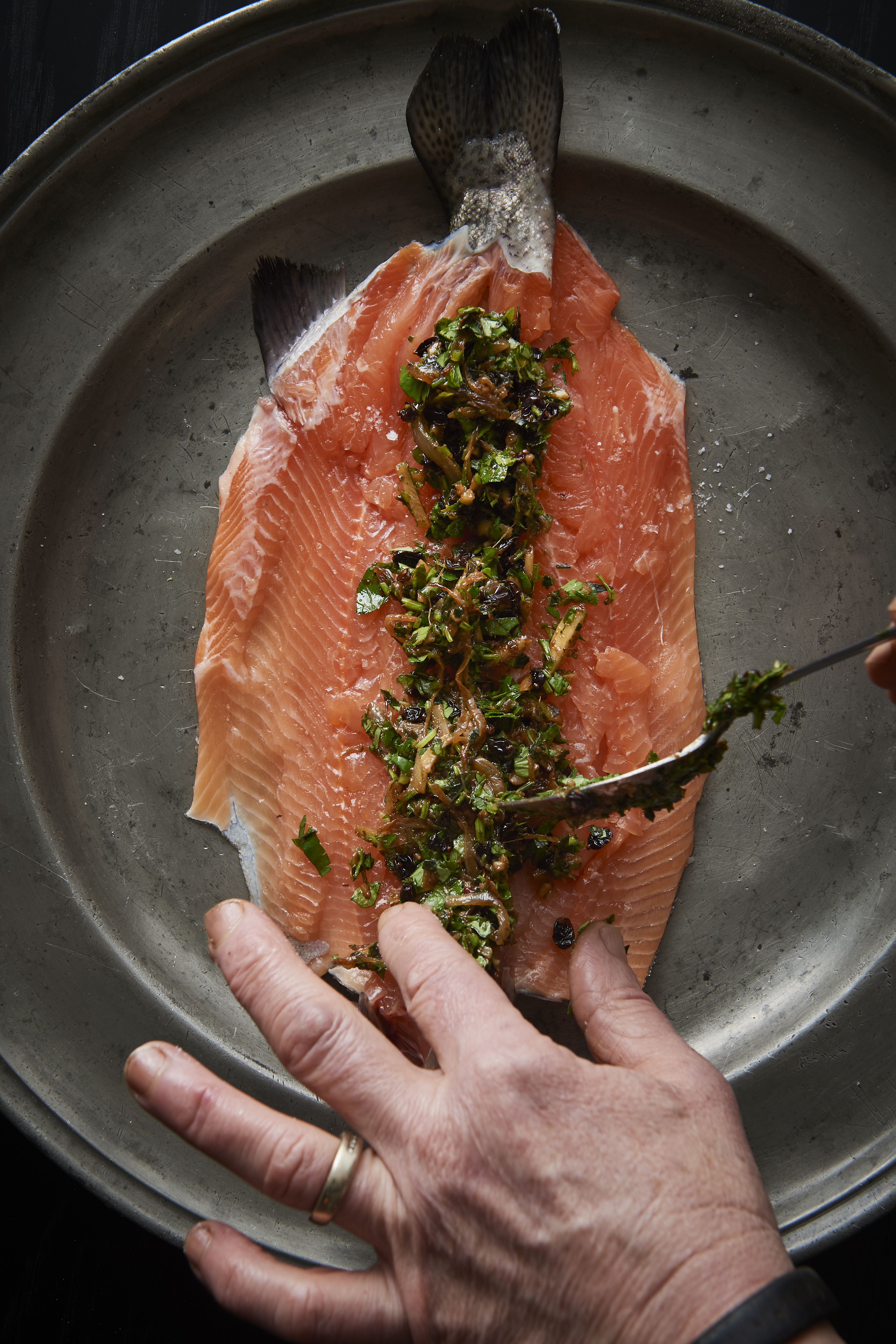 Stuffed rainbow trout with dill and broad bean pilaf
