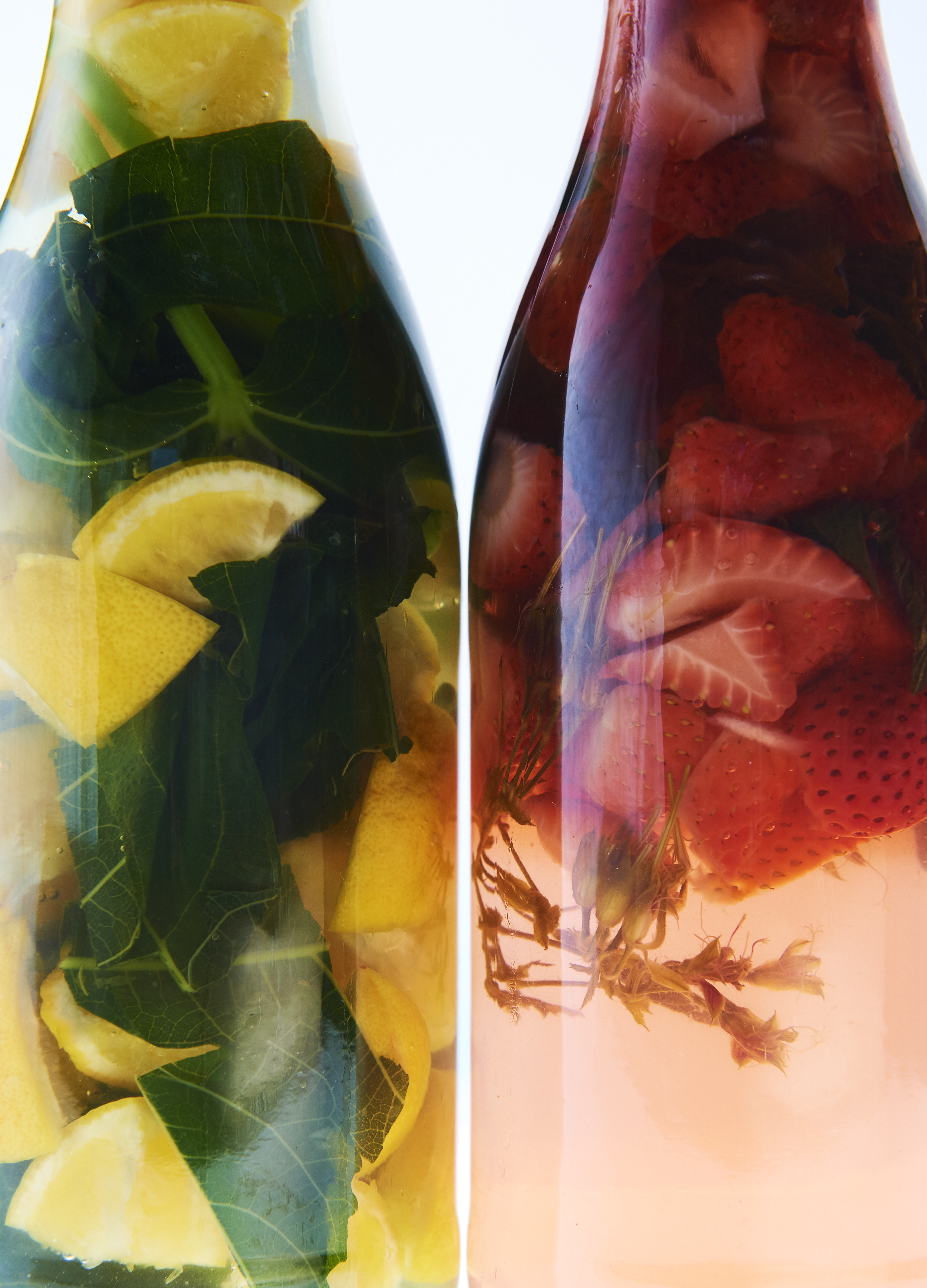 Strawberry and rose geranium cordial and lemon and fig leaf cordial