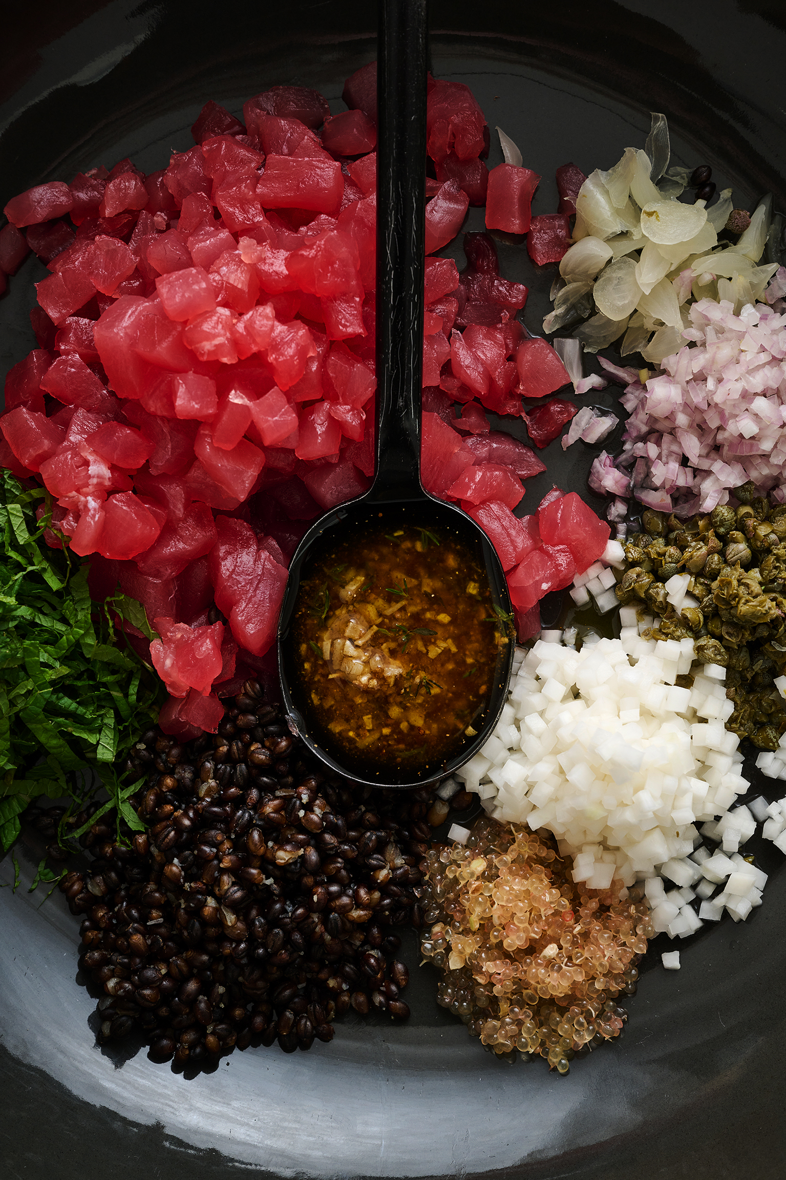 Tuna crudo, kohlrabi pickle, mint and burnt garlic oil 