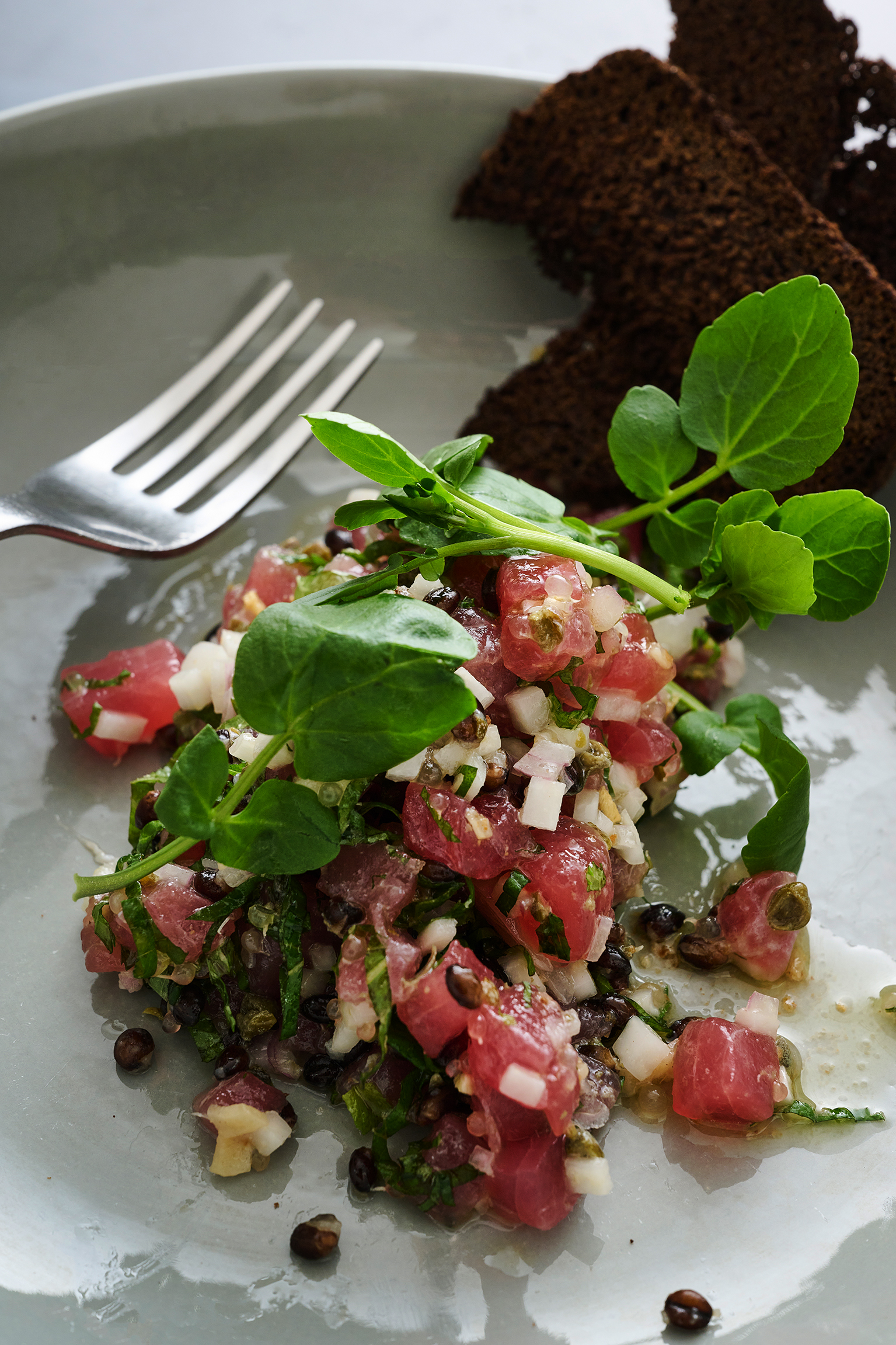 Tuna crudo, kohlrabi pickle, mint and burnt garlic oil 