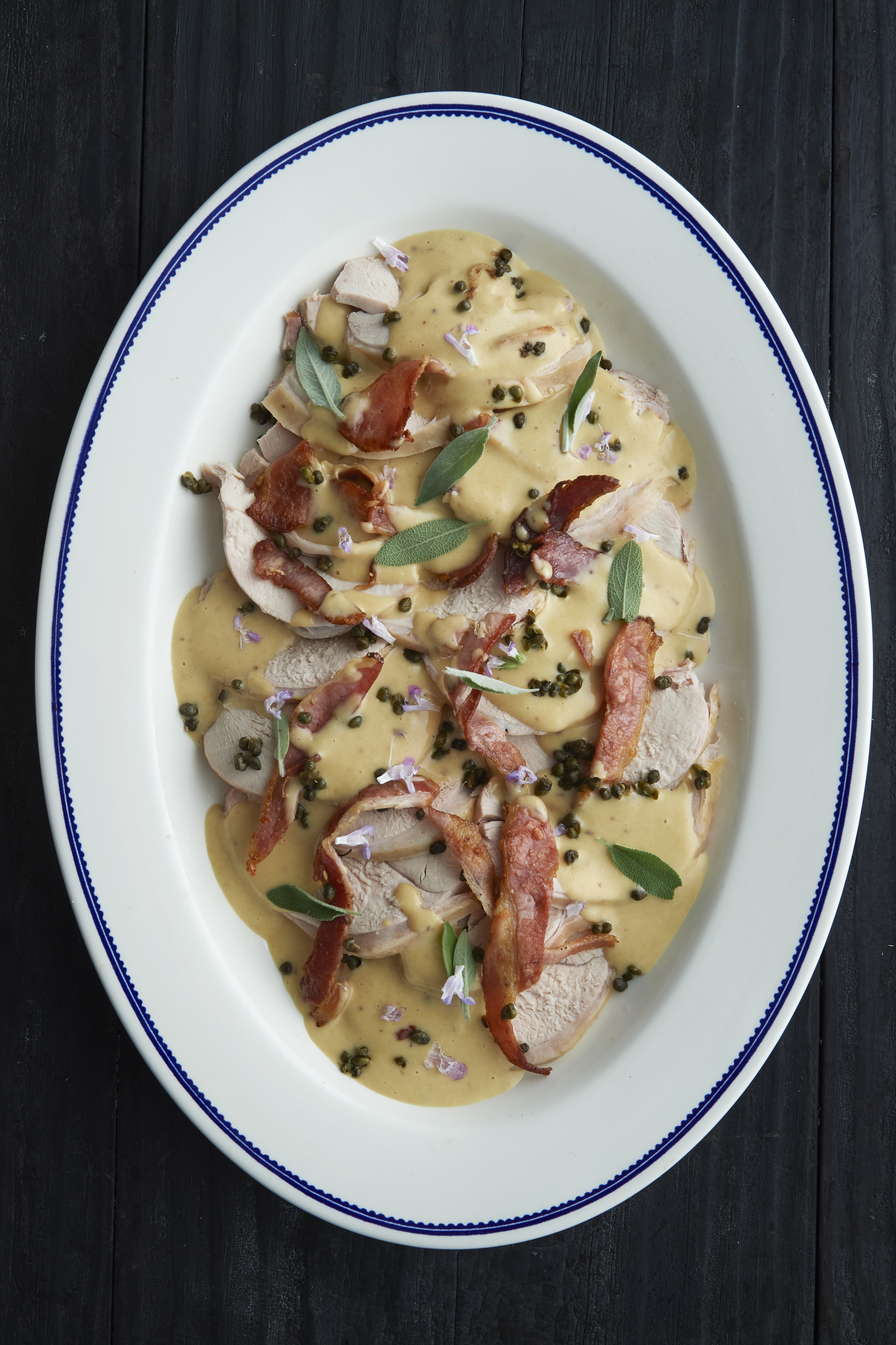 Roast turkey with mustard mayonnaise, bacon and sage 