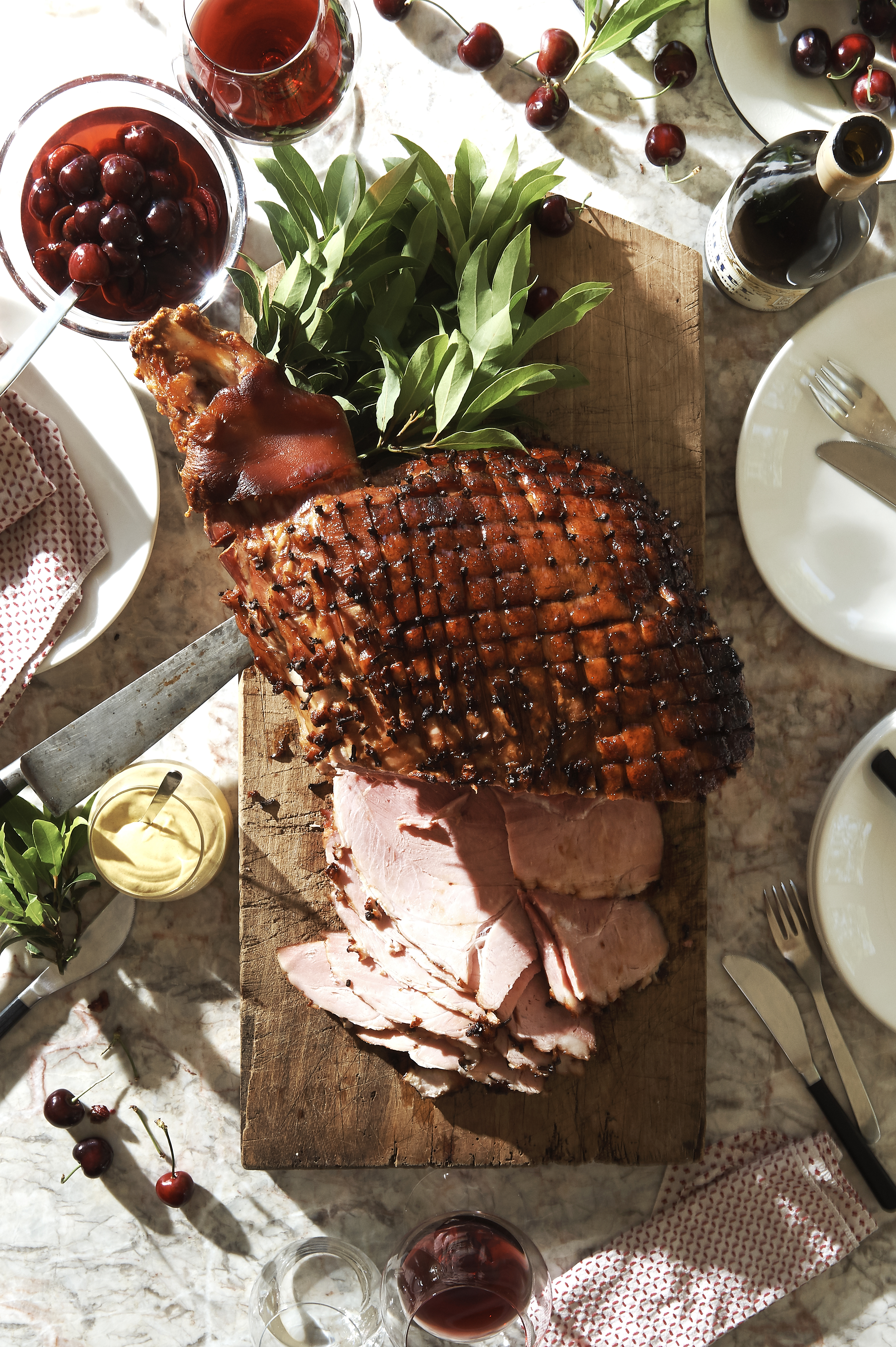 Glazed Christmas ham and pickled cherries