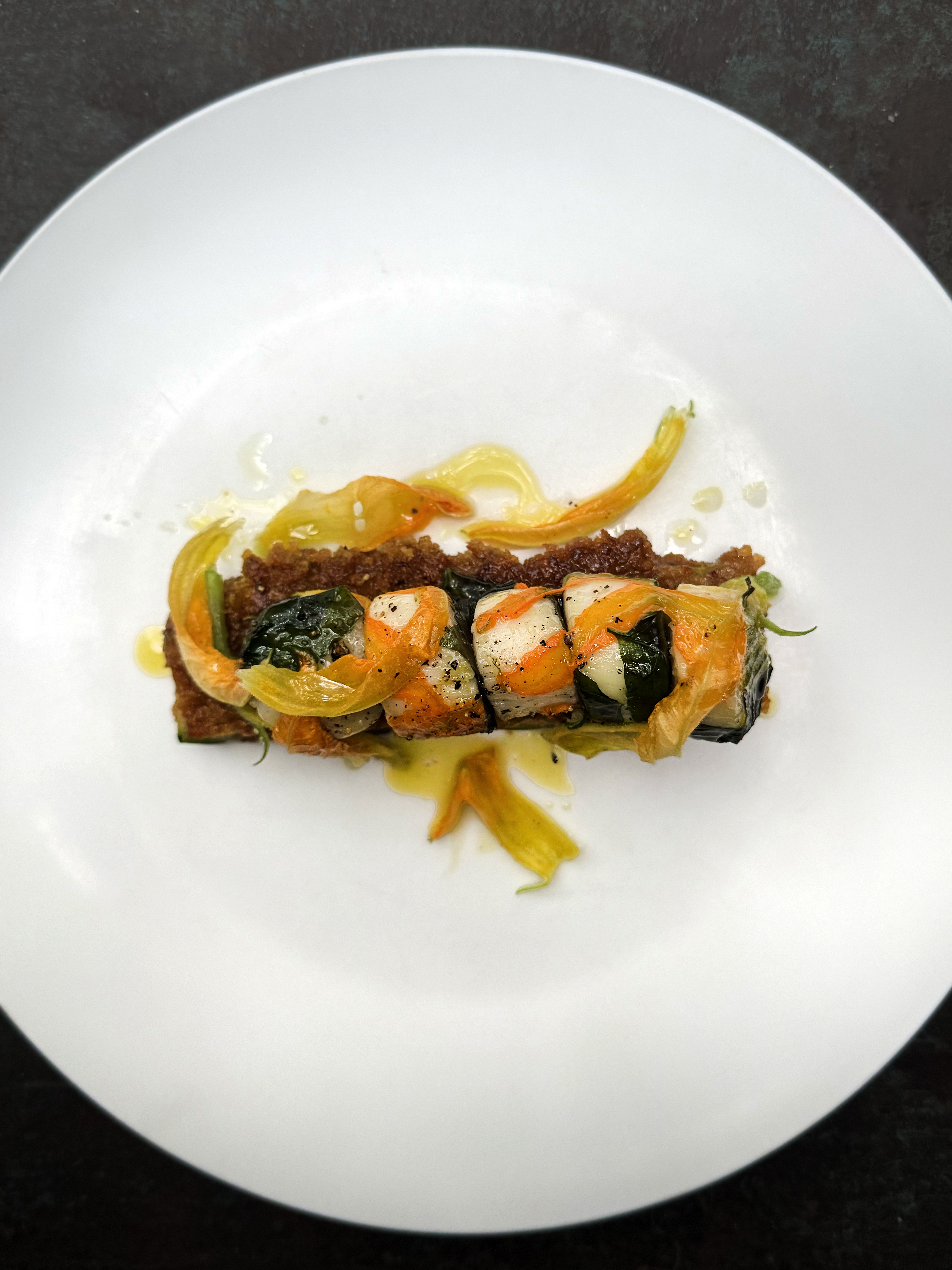 Stuffed zucchini flowers with scallop and zucchini schnitzel